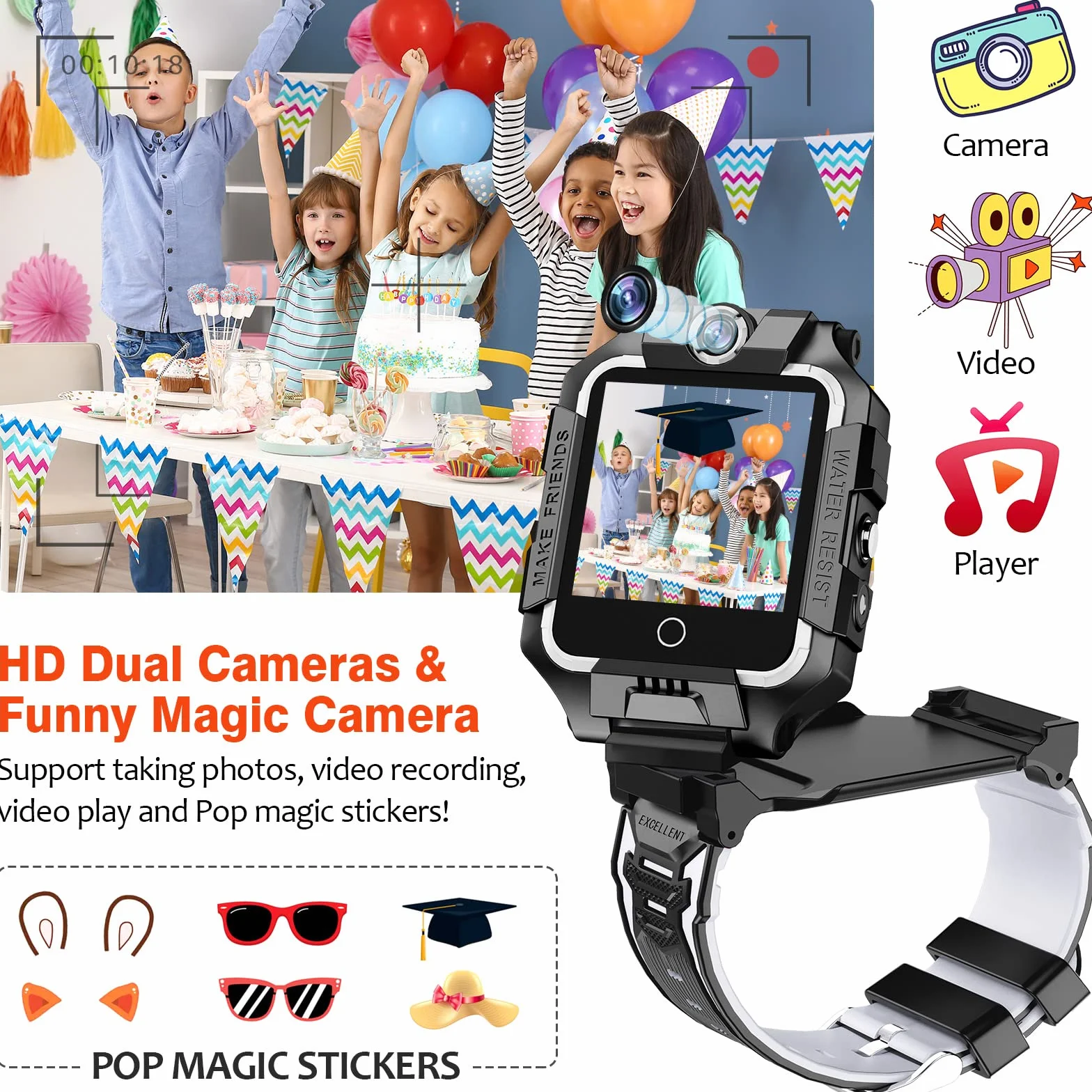 Smartwatch 4G dla dzieci, GPS Smartwatch z podwójną kamerą 360°, WiFi, wideo, rozmowy telefoniczne, SOS, krokomierz, wodoszczelność IP67, Smart Watch dla dziewcząt i chłopców (czarny)