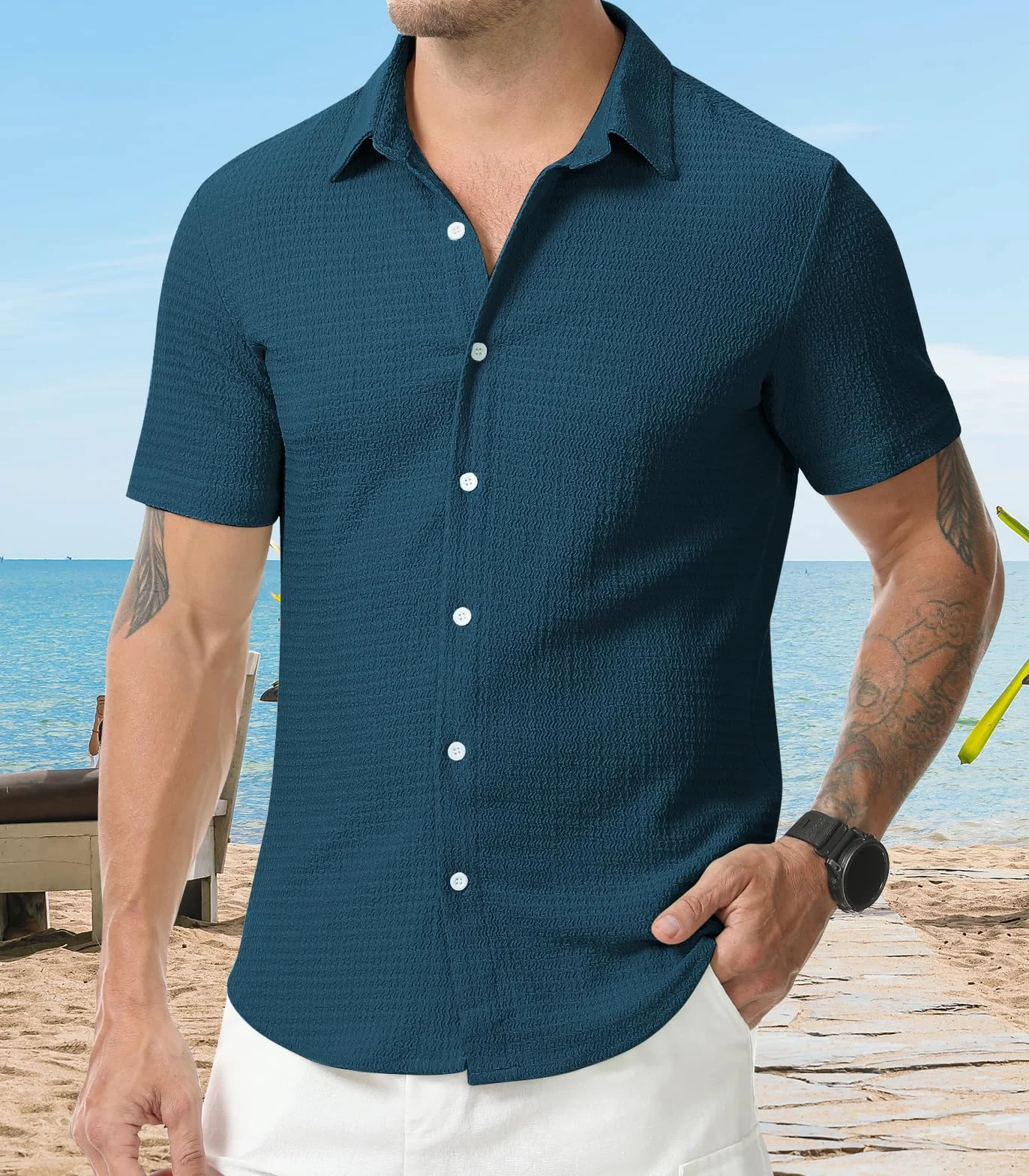 Męska koszula z krótkim rękawem na co dzień Henley letnie koszule plażowe Regular Fit