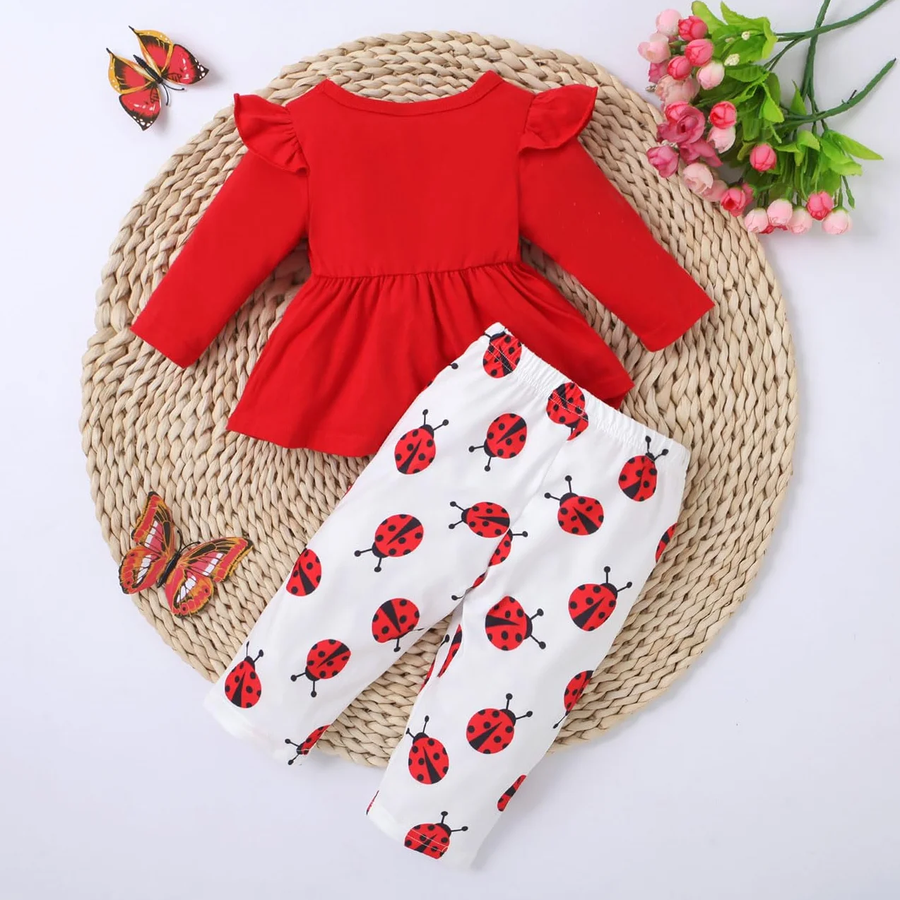 Ubranie dla dziewczynek, biedronka, top z długim rękawem, z węzłami kokardkowymi + spodnie, zestaw 2 sztuk, t-shirty z długim rękawem, spodnie, zestaw odzieży, odzież dla niemowląt, kolor