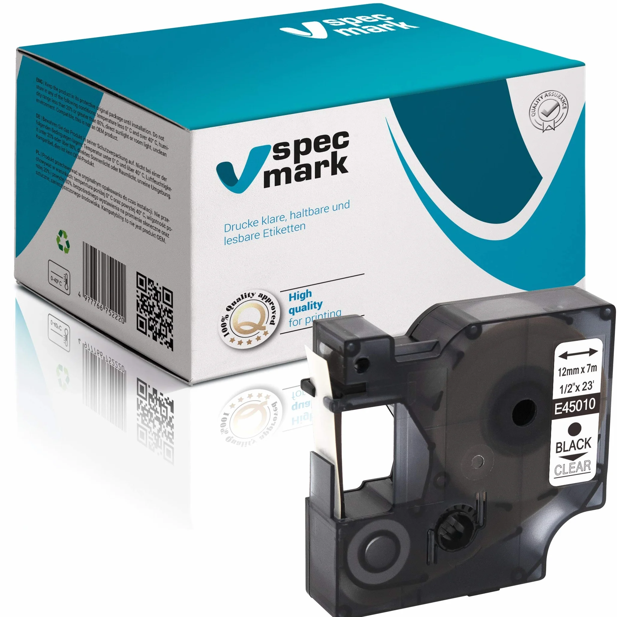 Specmark Kompatybilna z DYMO D1 45010 S0720530 Taśma 12 mm x 7 m - Zestaw 2 Szt. Czarna na Przezroczysta, do LM Manager LP Point LW Writer DUO