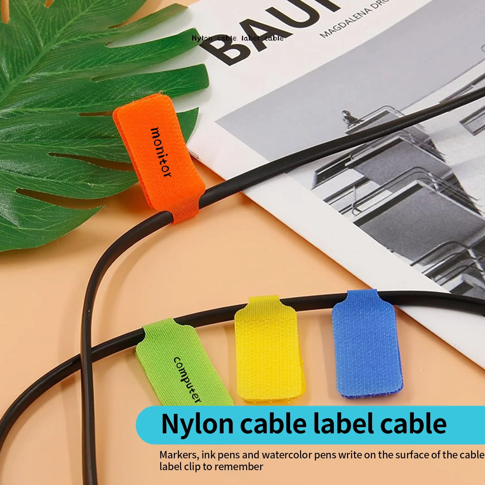 60 sztuk nylonowych etykiet na kable, wielokrotnego użytku, wielokolorowe opisy na kablu, do opisywania kabli, samoprzylepne, do domowego biura do identyfikacji kabli
