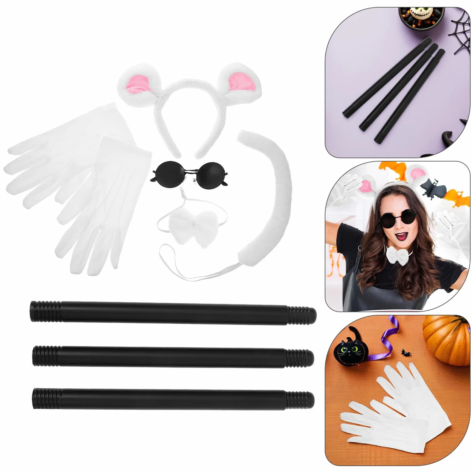 LIFKOME Akcesoriów Do Kostiumu Myszy Halloween dla Kobiet Komplet Cosplay z Uszami Rękawiczkami Okrągłymi Okularami Ślepą Laską i Muszką Lekki i Wygodny Zestaw Imprezę