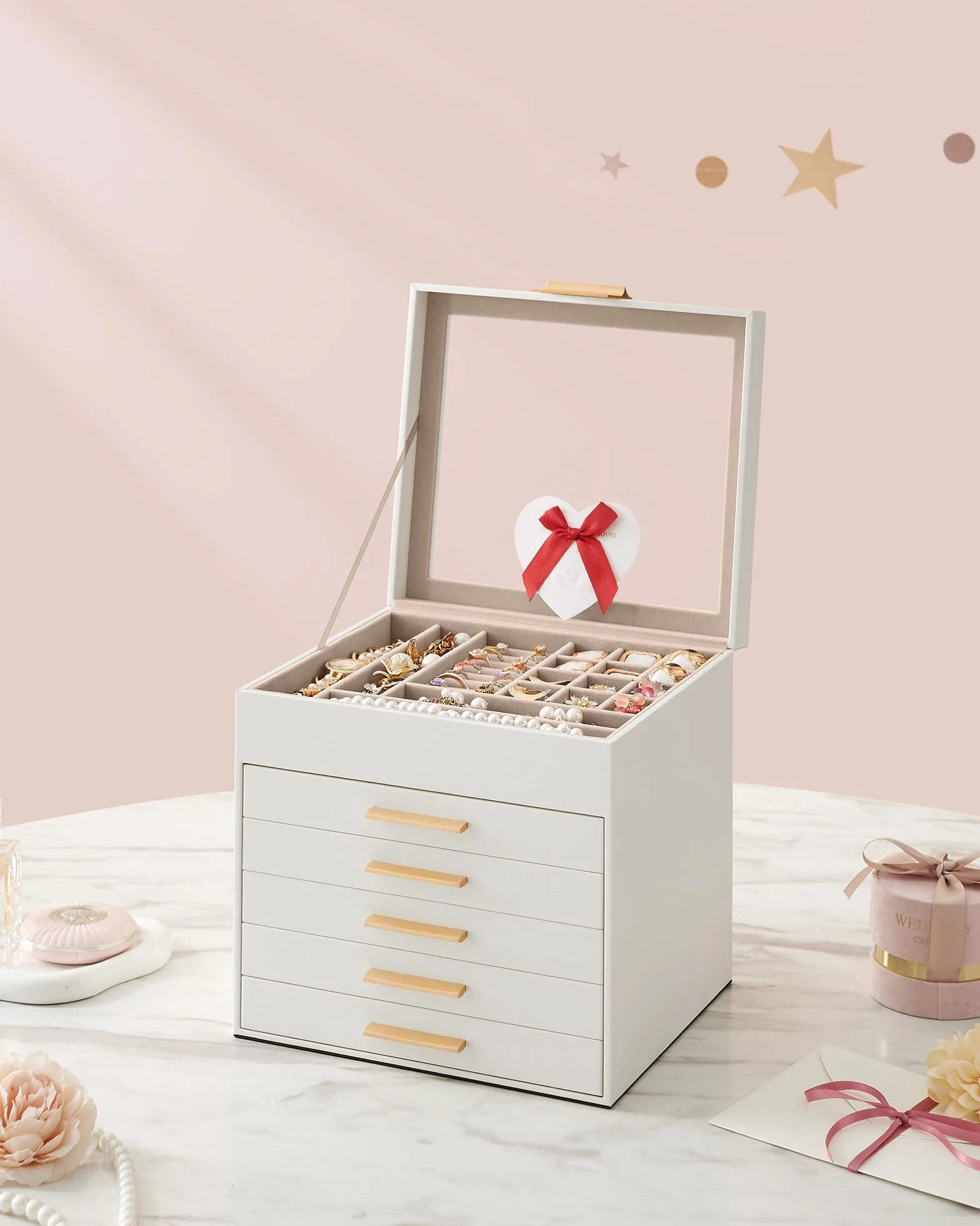 SONGMICS JBC176W01 szkatułka na biżuterię ze szklaną pokrywką, 6-warstwowy organizer do przechowywania biżuterii z 5 szufladami, dużo miejsca, nowoczesny pomysł na prezent, 20 x 23 x 22,8 cm, biały i