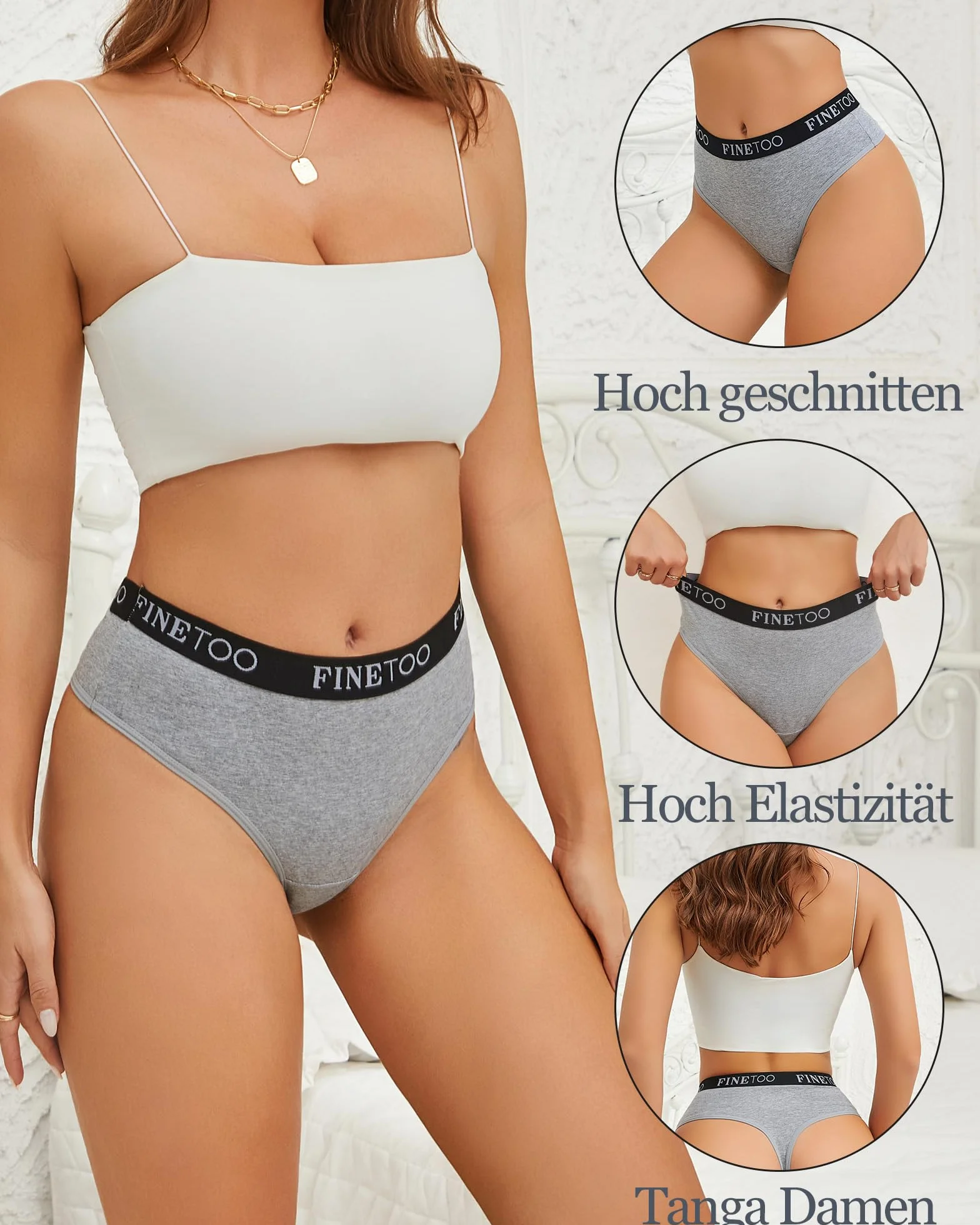 FINETOO Bawełniane stringi damskie majtki z wysoką talią, sportowy ściągacz, majtki dla kobiet, wielopak, rozmiar S-XXL