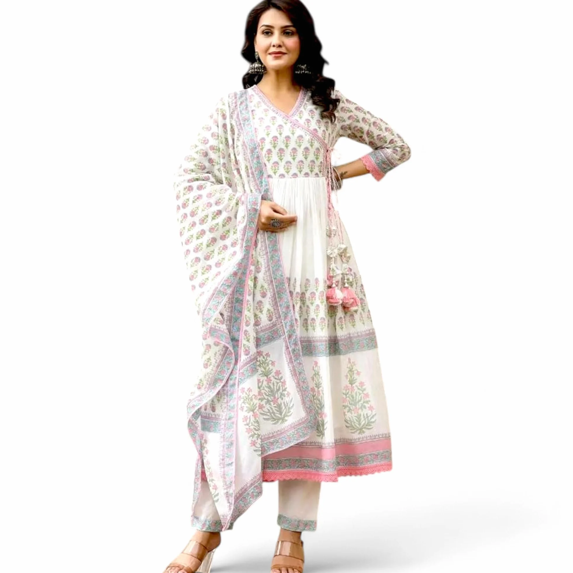 RangMahal indyjskie damskie spodnie z czystej bawełny haftowane Anarkali Kurta Tussle Dupatta zestaw