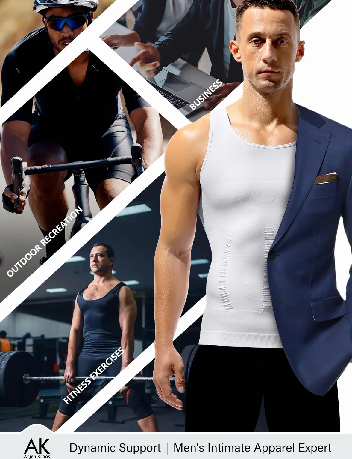 Arjen Kroos Shapewear męska koszulka kompresyjna, elastyczna, wyszczuplająca brzuch, podkoszulek funkcyjny, bez rękawów, A2-biały, XL