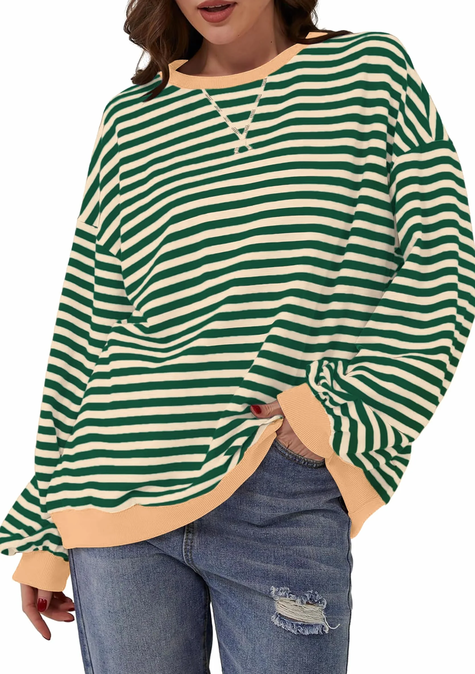 DUOEASE Sweter damski w paski, oversize, sweter z długim rękawem, jesień, okrągły dekolt, Y2K topy