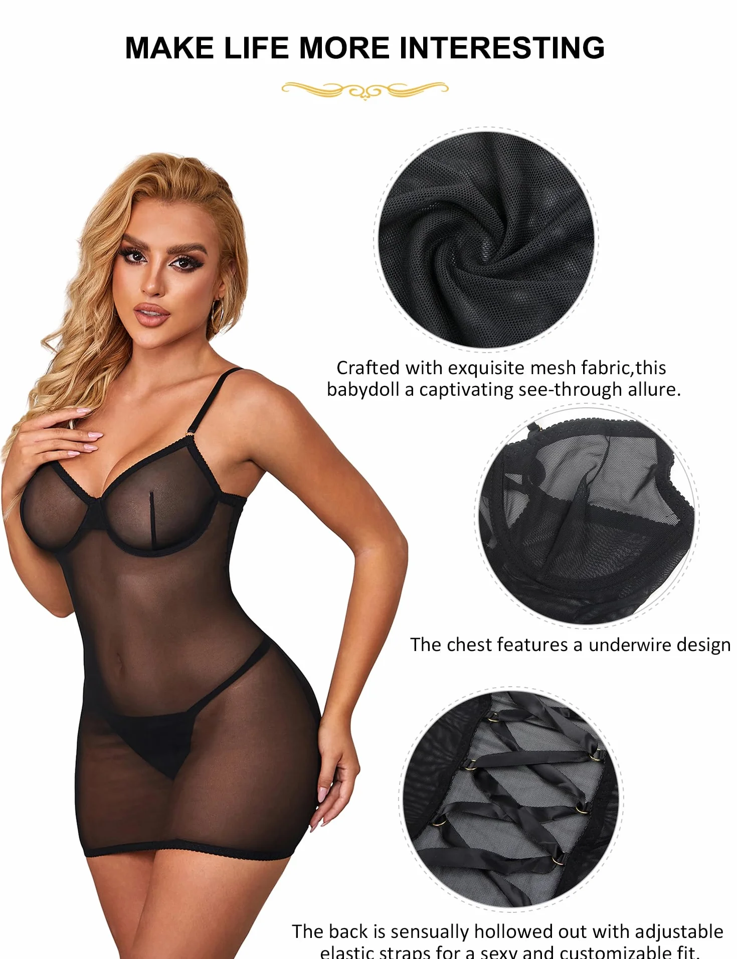 ohmydear Przezroczysta koszula nocna Babydoll koronkowa plus size bielizna Curvy Cross Ribbon Bielizna damska Uwodzicielska bielizna ze wsparciem seksowna sukienka z G-String
