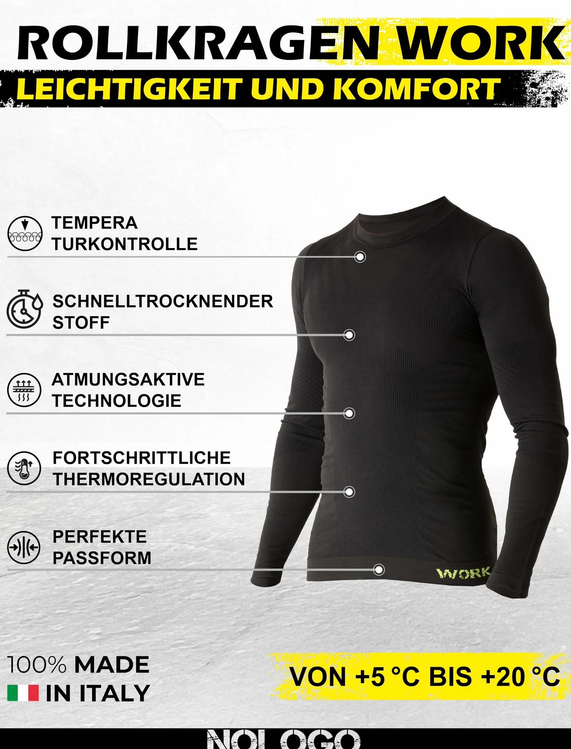 NOLOGO Work Termiczna Lupetto Mężczyźni - Sportowa Bielizna Termiczna Stretch i Oddychająca, Odzież Termiczna, Bezszwowa Koszulka Termiczna - Made in Italy
