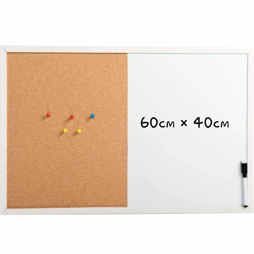 DOEWORKS 60 x 40 cm tablica magnetyczna i tablica korkowa, montowana na ścianie tablica ogłoszeń suchościeralna/tablica korkowa połączenie z białą drewnianą ramą