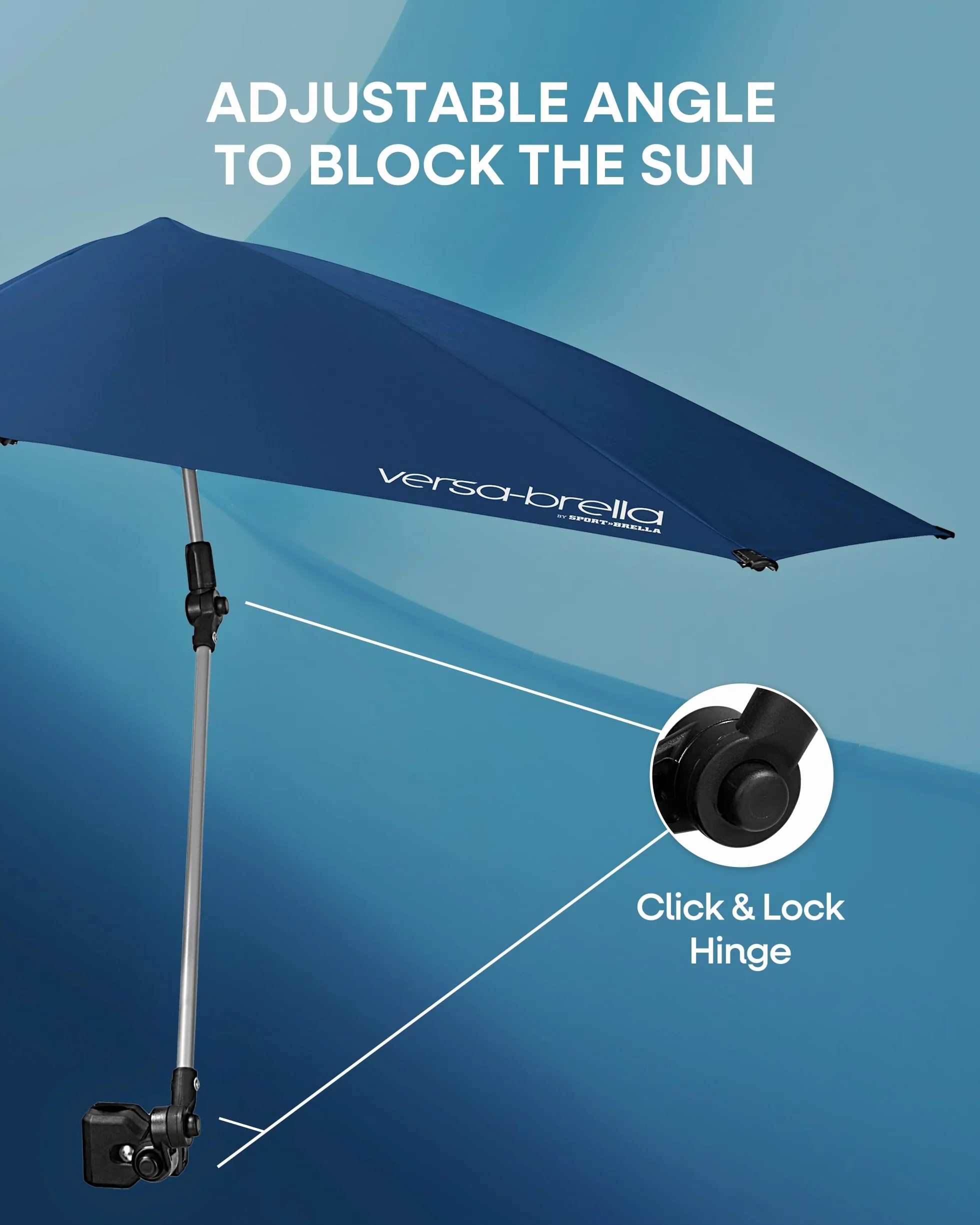Versa-Brella UPF 50+ Parasol przeciwsłoneczny, przenośny, do sportu i aktywności na świeżym powietrzu, bezpieczny zacisk, obracany o 360 stopni dla maksymalnej ochrony, kompaktowy, z futerałem