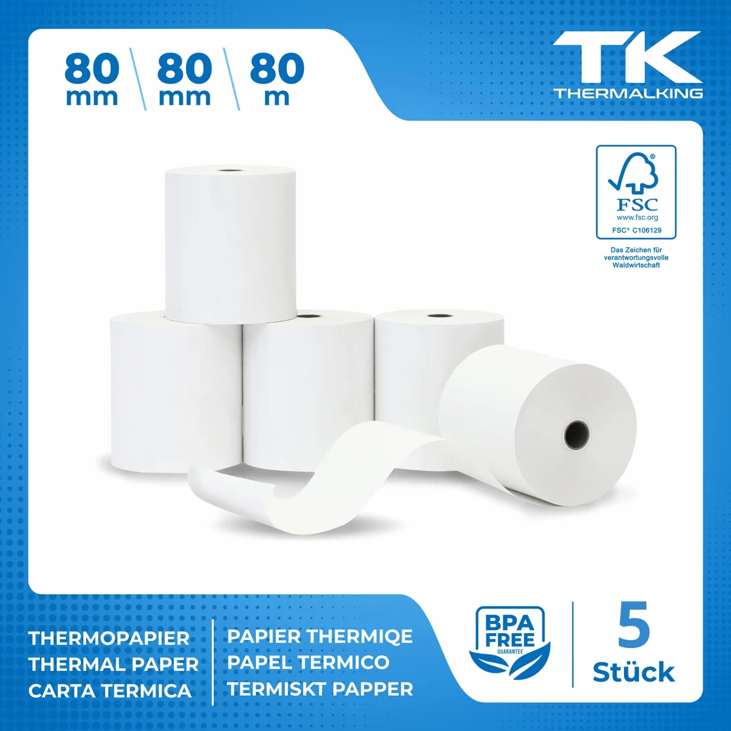 THERMALKING Podatkowa skrzynka termiczna 80 x 80 cm [bez BPA] - Rolka do drukarki kasy fiskalnej 80 mm x 80 m x 12 mm - rolki papieru termicznego 80 x 80 x 12 - [5 x ]