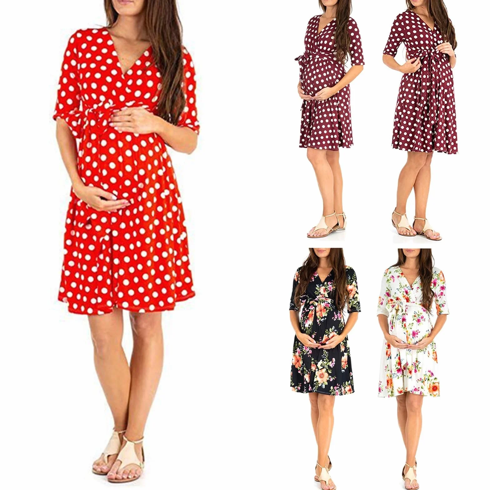 Sukienka Ciążowa Z Półrękawem Polka Dot Print Luźny Krój Odzież Ciążowa V Neck Sukienki Ciążowe Z