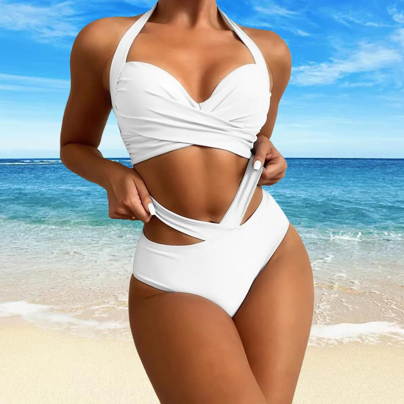 Stroje kąpielowe dla kobiet, wysoka talia, bikini damskie, zestaw bikini z wysokim stanem, 2 sztuki, jednokolorowe, głębokie wycięcie w serek, sportowe bikini