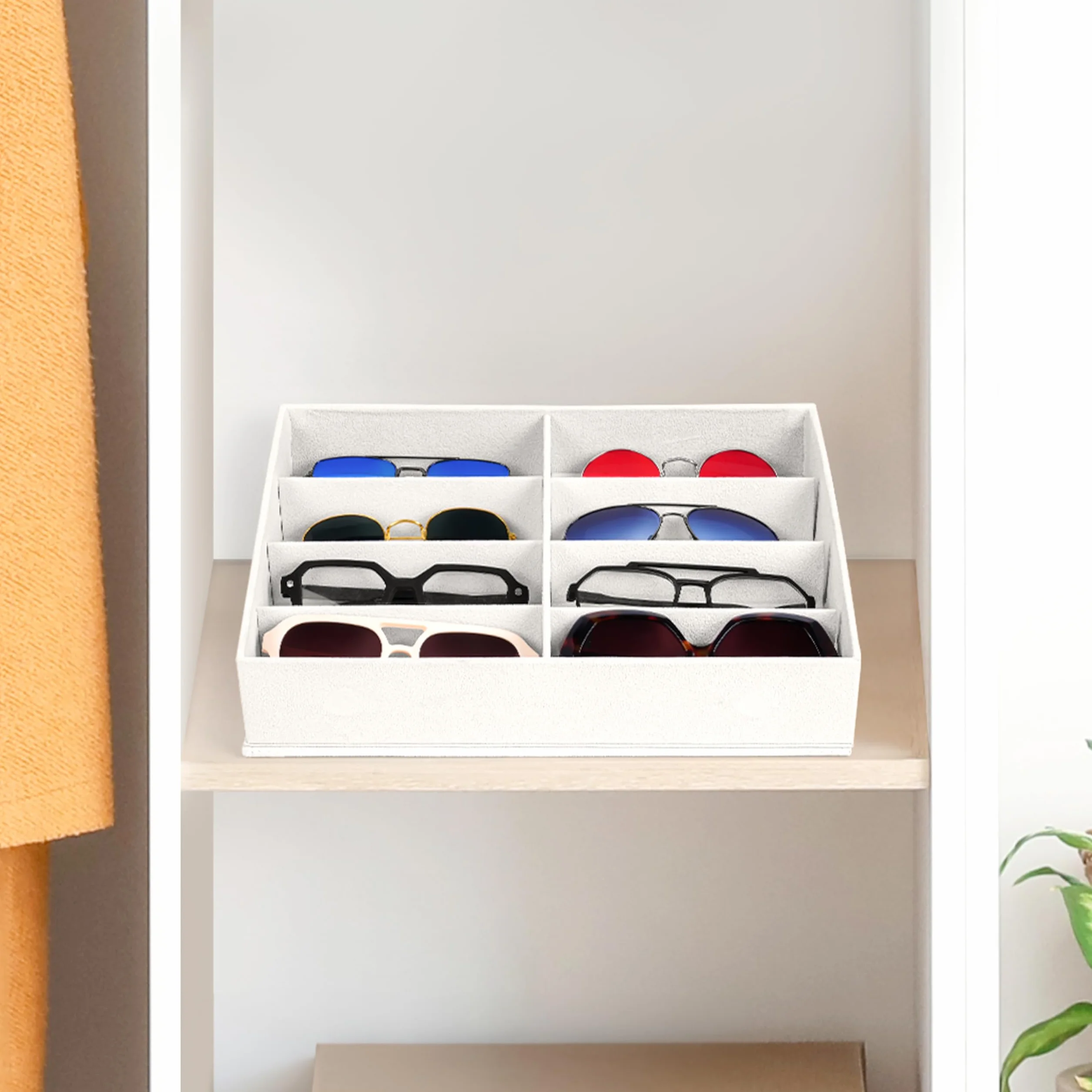 Winter Shore Etui na okulary przeciwsłoneczne - stylowy organizer, chroni przed kurzem - etui na okulary z klapką, 8 przegródek - uchwyt na zegarki i biżuterię męską - 32,5 x 25 x 6,5 cm.