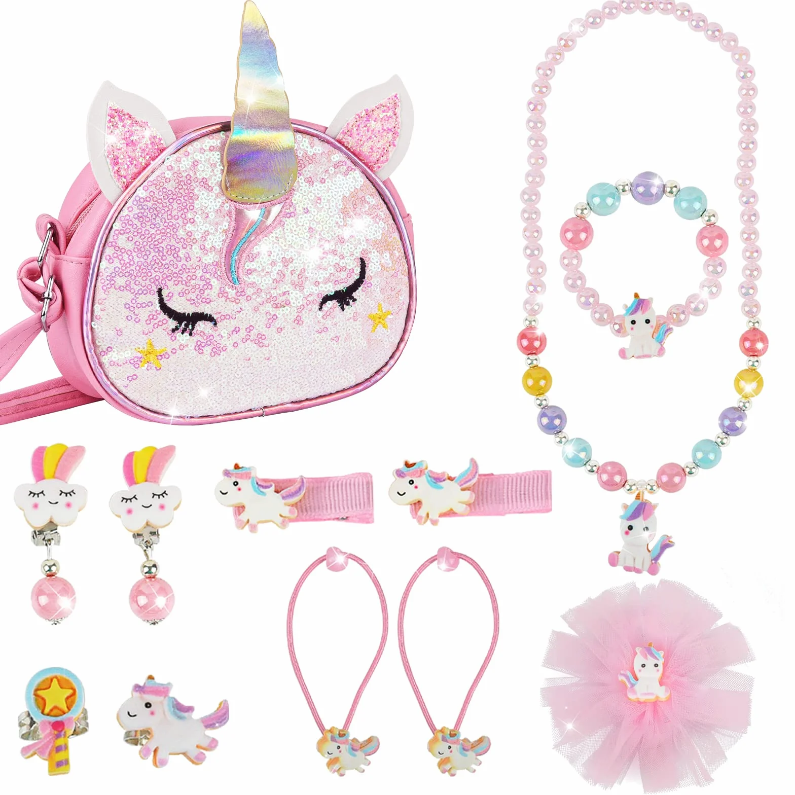 Dzieci Torebka z Zestawem Biżuterii, MEOWMEE 12 Pcs Dziewczęta Torba z Dzieci Biżuteria Naszyjnik Bransoletka Pierścienie Kolczyki z Akcesoriami do Włosów Krawaty do włosów Party Dress Up dla dziewczy
