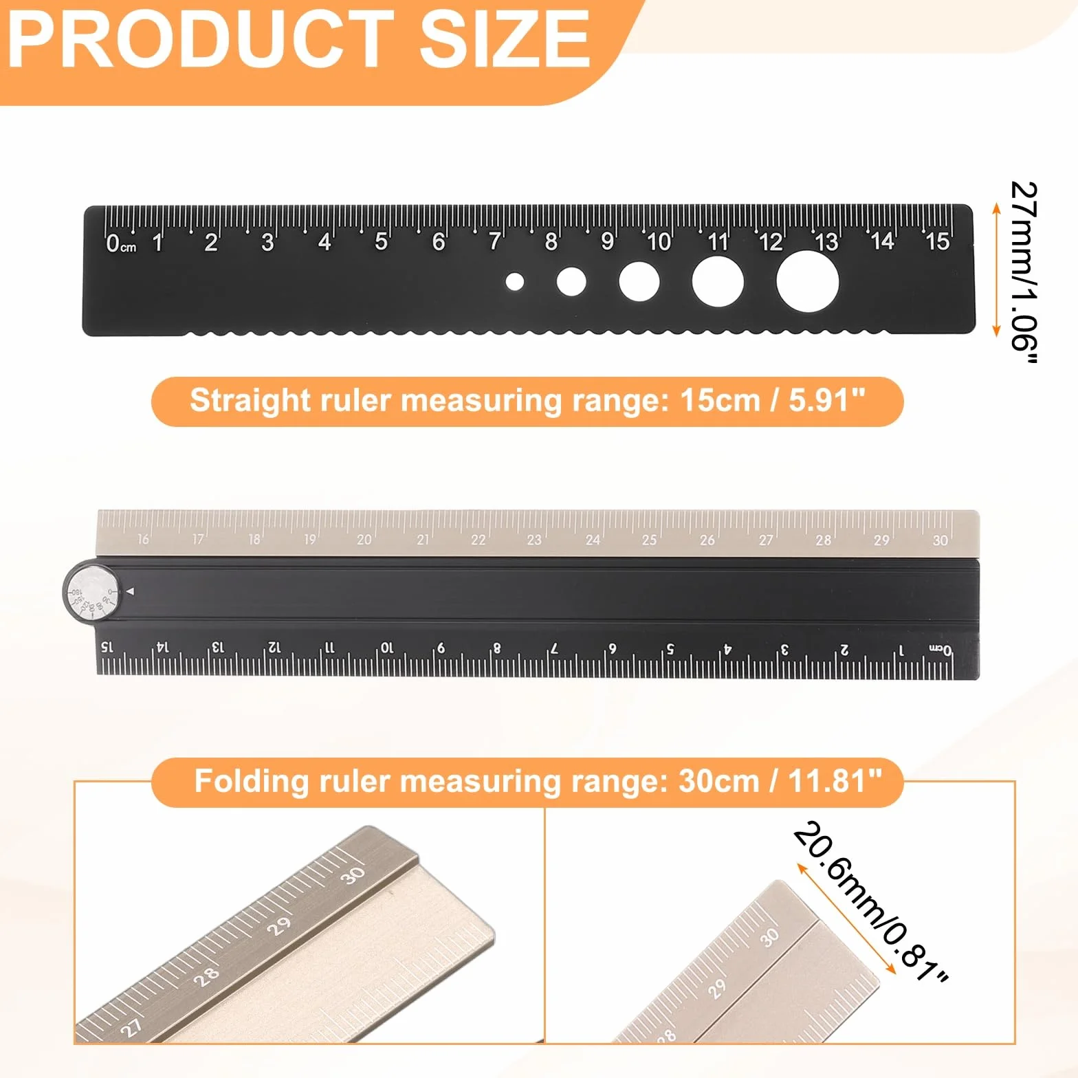 QUARKZMAN Zestaw linijki 30/15 cm, składana linijka, kątomierz, ze stopu aluminium, składana linijka z wydrążonym kółkiem, do domu, biura, czarno-złota