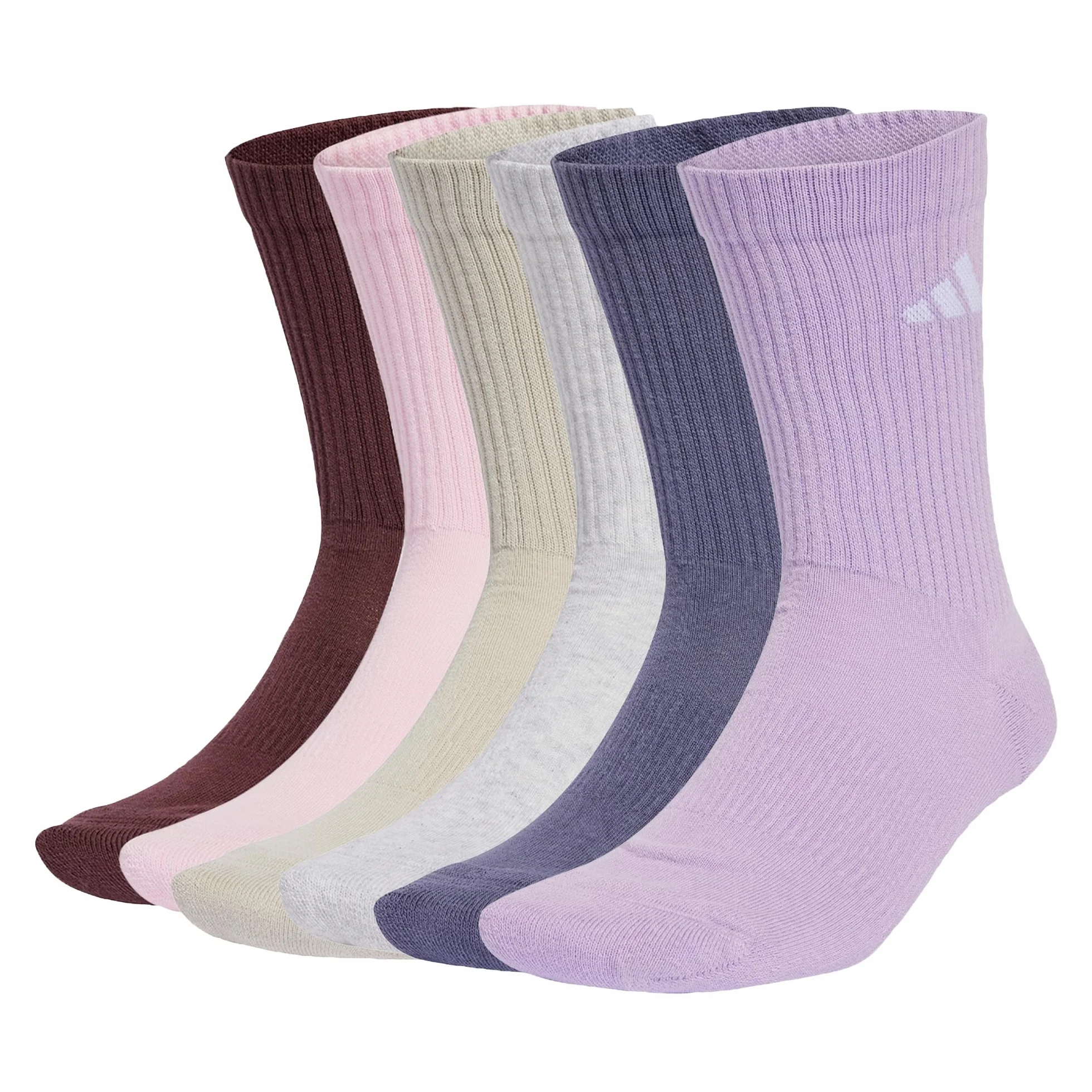 adidas Uniseks CUSHIONED CREW SOCKS 6 PAIR PACK, Aurora Ruby/Preloved Violet/Powder Plum/Light Grey Heather, 8.5-10