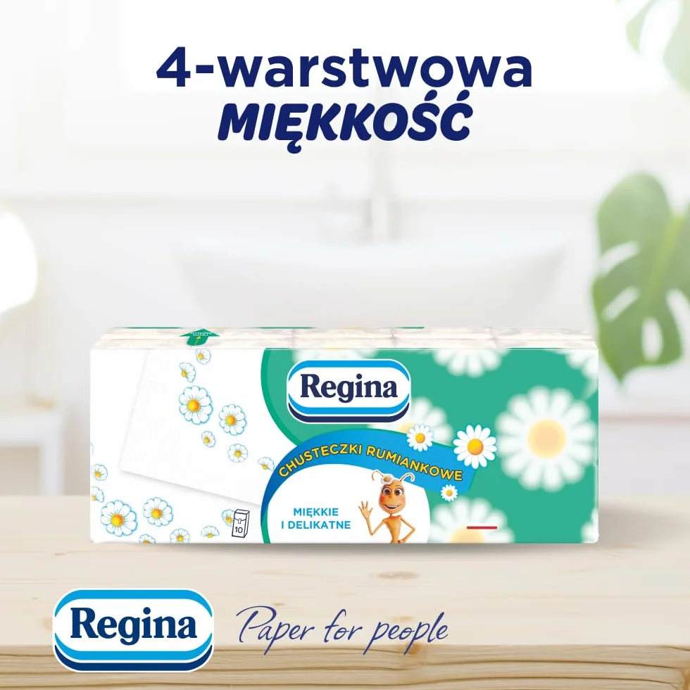 Regina Chusteczki Rumiankowe, 24 Opakowania po 10 Paczek, 4-Warstwowe, Miękkie i Delikatne, o Zapachu Rumianku, z Nadrukiem, Czysta Celuloza, Certyfikat FSC, Atest NIZP-PZH