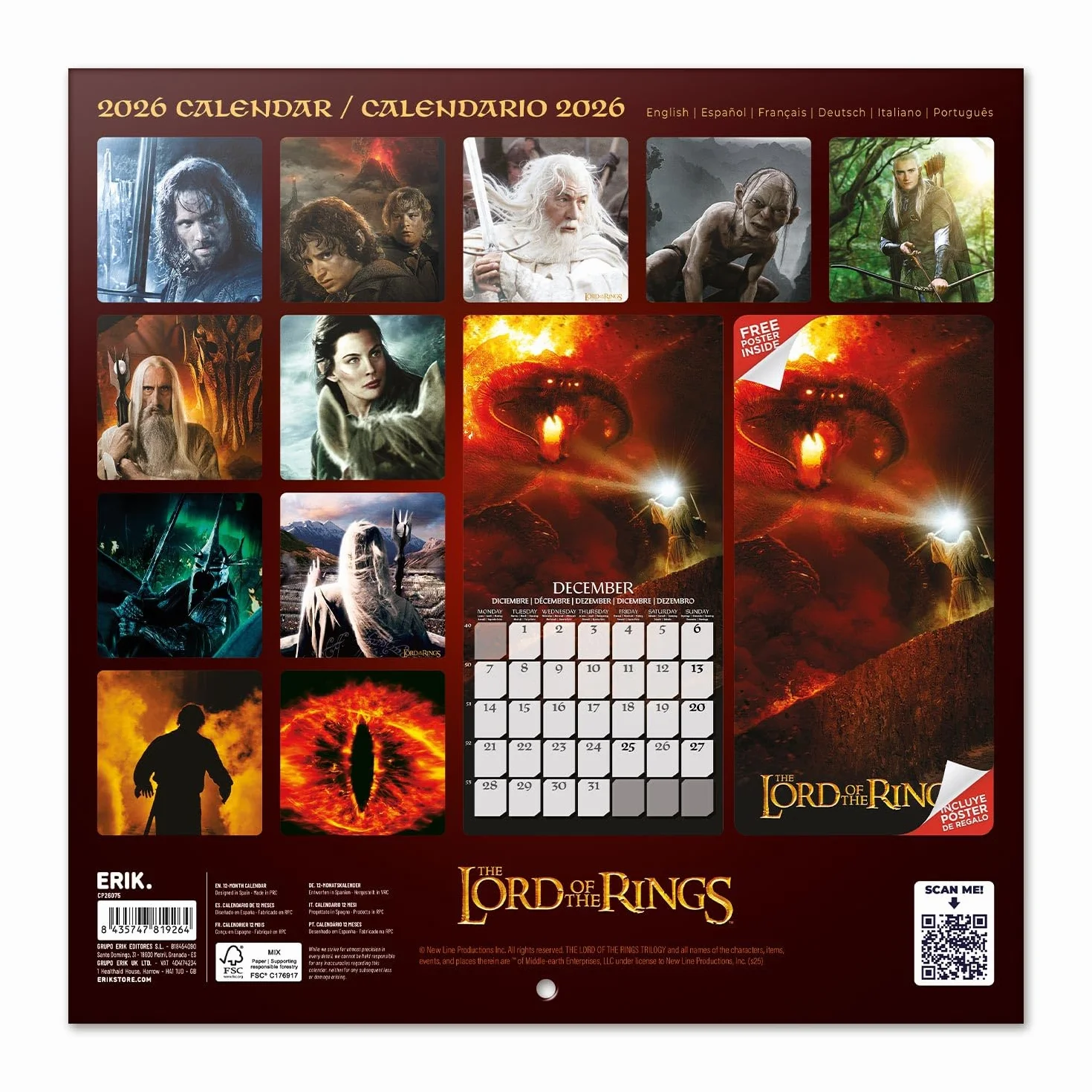 Grupo Erik Wall Calendar 2026 - The Lord of the Rings Calendar 2026 | Square 30 x 30 cm - 12 x 12 in Wall Planner, Family Planner Month To View | The Lord of the Rings Gifts, LOTR Gifts For Friends