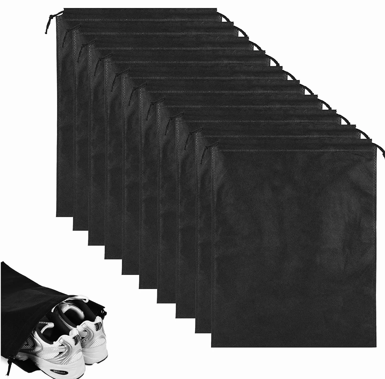 Worek na buty, 10 sztuk, duża wodoodporna torba na buty, odporna na działanie wody, pyłoszczelny worek na buty ze sznurkiem, dla mężczyzn i kobiet, do codziennego użytku i w podróży, czarny, Wysokiej