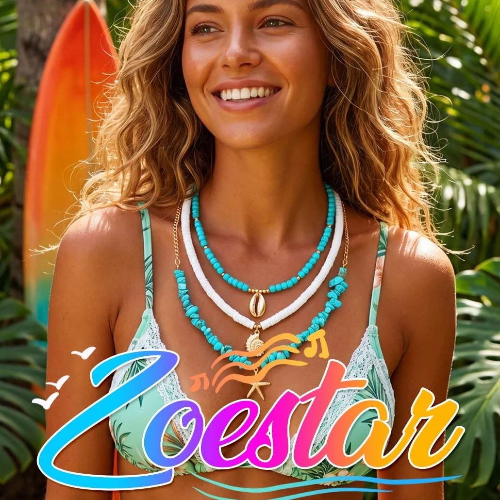 Zoestar Boho turkusowy naszyjnik złoty warstwowy rozgwiazda wisiorek naszyjniki z koralikami muszla plaża naszyjnik łańcuszek dla kobiet, Jeden rozmiar, /, Bez kamieni szlachetnych