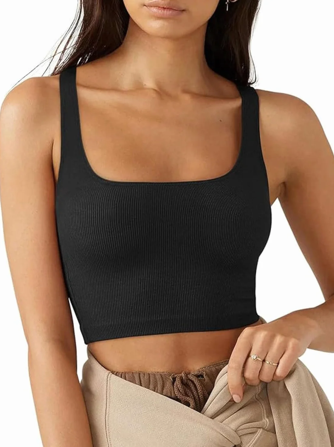 Damska koszulka bez rękawów Sexy Crop Top Kwadratowy dekolt Lato Sportowe Tank Topy Moda Casual Krótki Kamizelka Podstawowe koszule na siłownię Trening