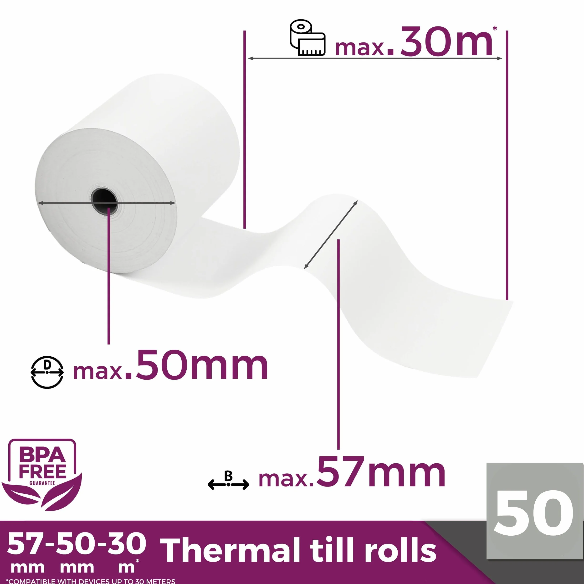 LYNNE PAYMENT SOLUTIONS Lynne Payment Solutions Rolki termiczne 57 mm x 50 mm x 12 mm, rolki kasy, rolki paragonów do kas z drukarką paragonów, papier termiczny, nie zawierają BPA, 50 rolek