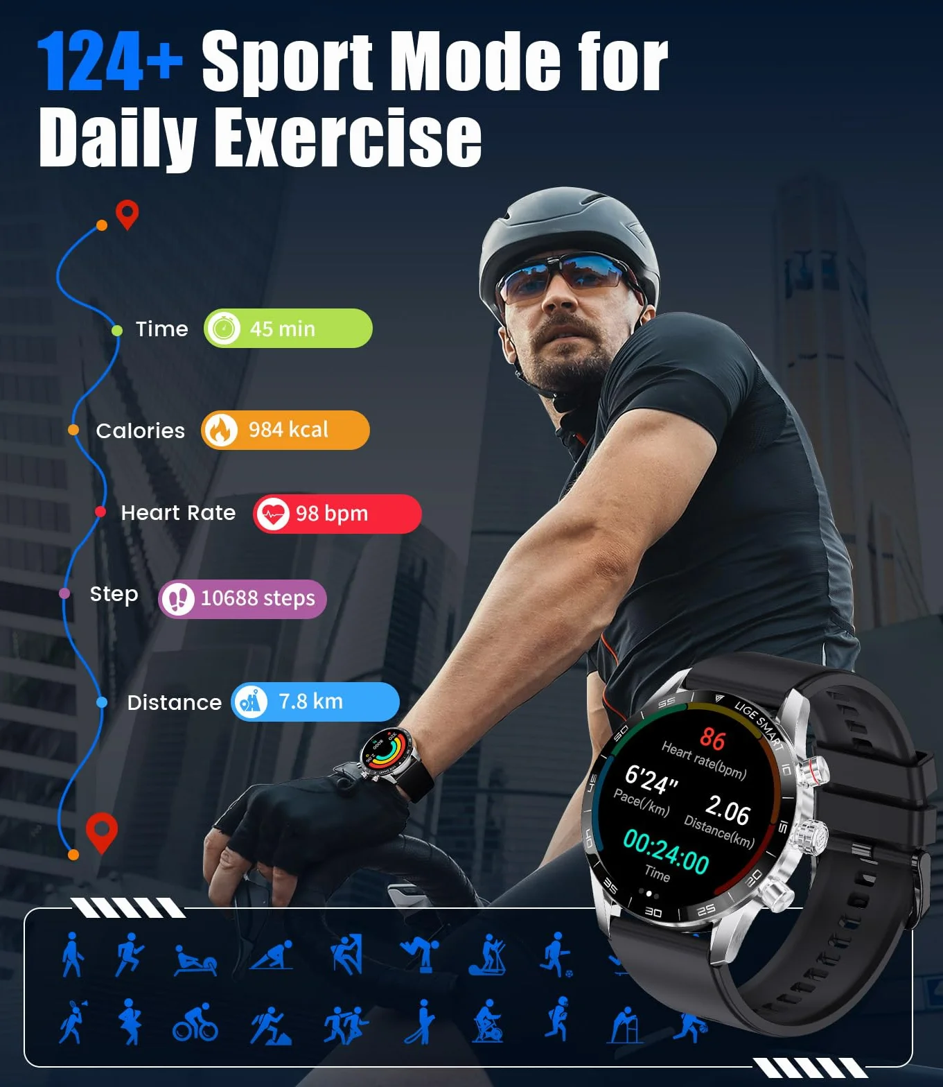 LIGE Smartwatch męski 1,43 cala z wyświetlaczem AMOLED, smartwatch z funkcją telefonu i wspomaganiem głosu, pulsometrem SpO2, 124 trybami sportowymi, zegarek fitness Smart Watch do systemu Android iOS