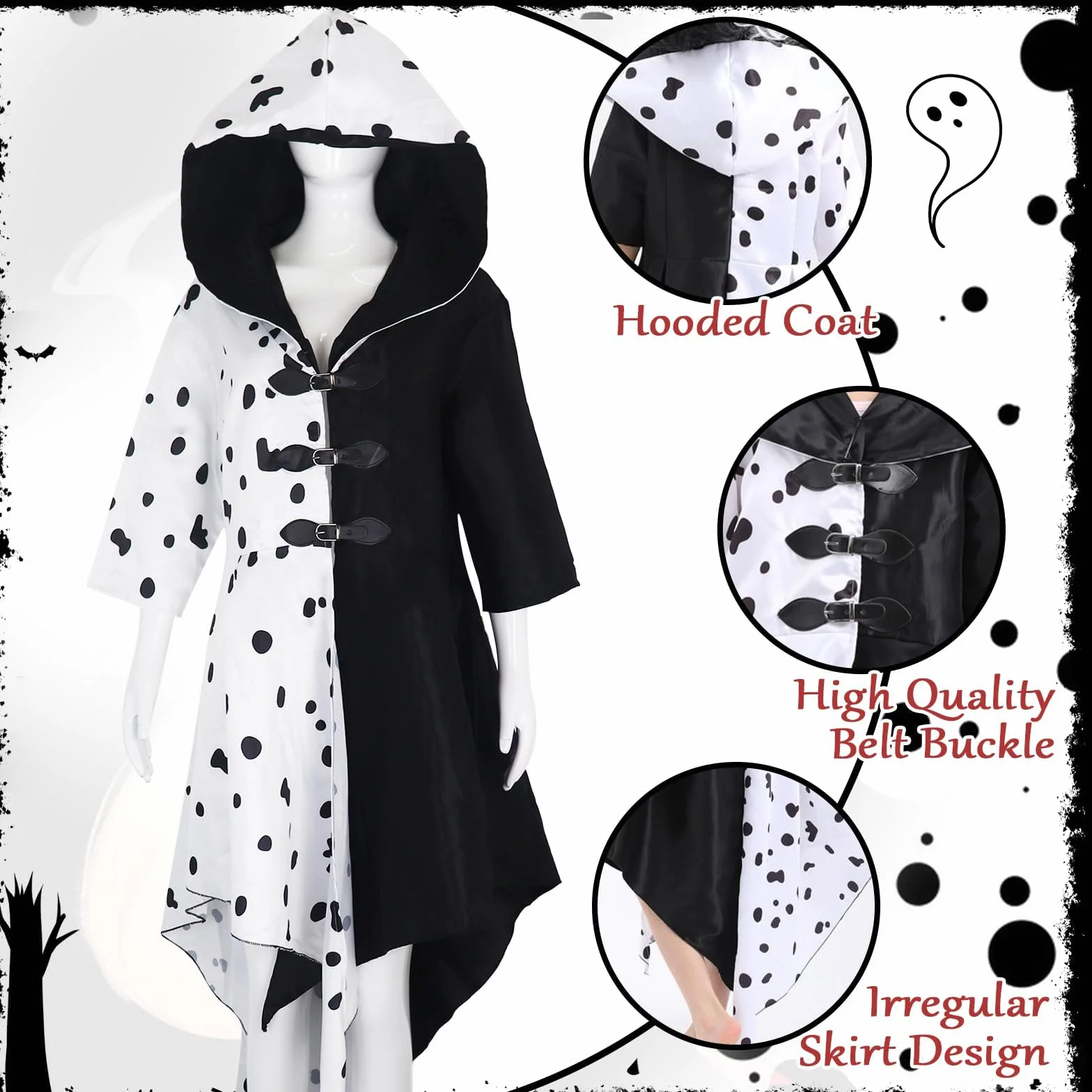 9 sztuk kostiumu Cruella dla kobiet, Halloween, Cruella, Devil, zestaw akcesoriów z sukienką, krótką, czarno-białą peruką, koronkową maską, rękawiczkami, naszyjnikiem, pończochami siatkowymi