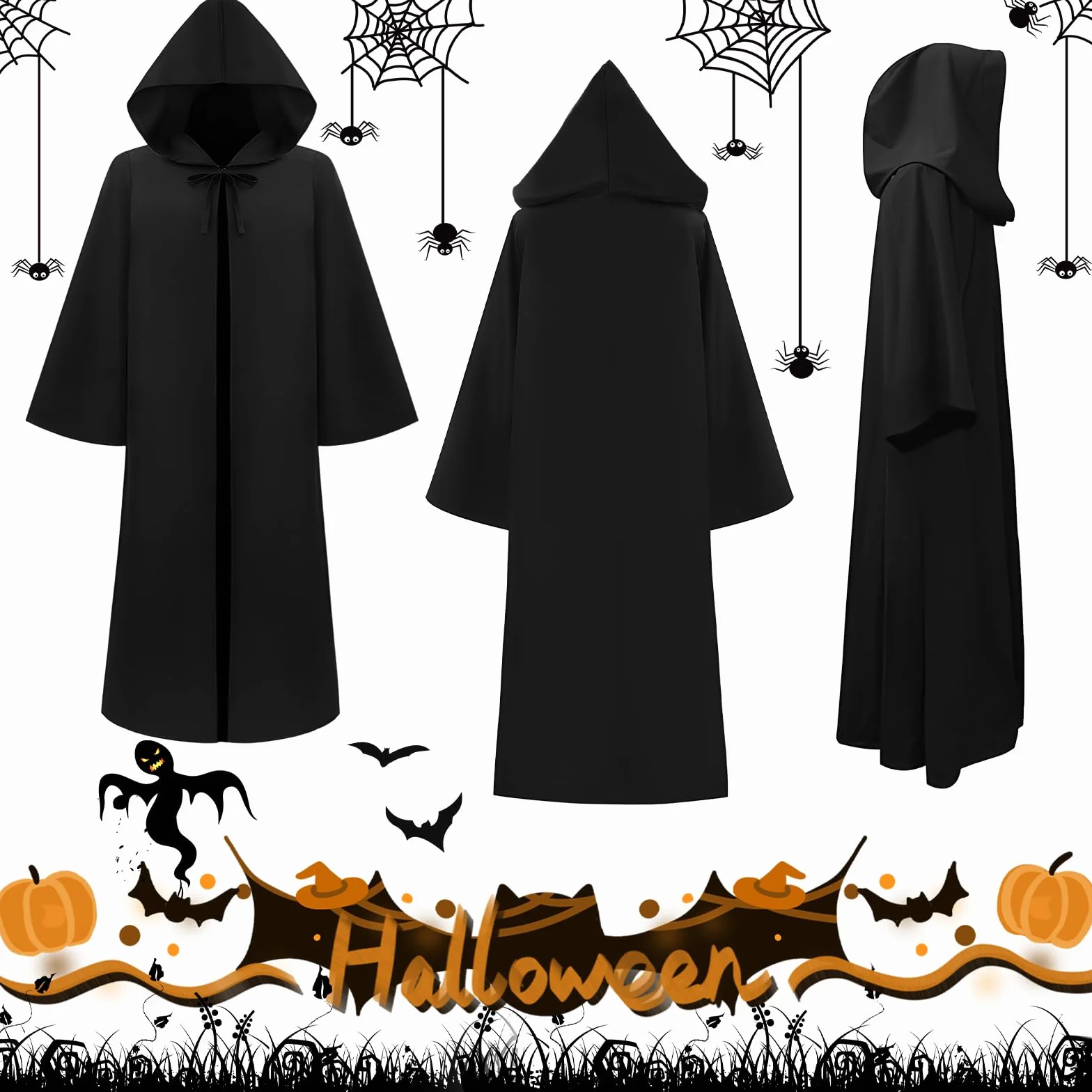 Kostium męski na Halloween – czarna peleryna z kapturem, długa peleryna z horroru dla dorosłych 175-185 cm, idealna jako kostium ghostface, kostium ponury lub peleryna wampira