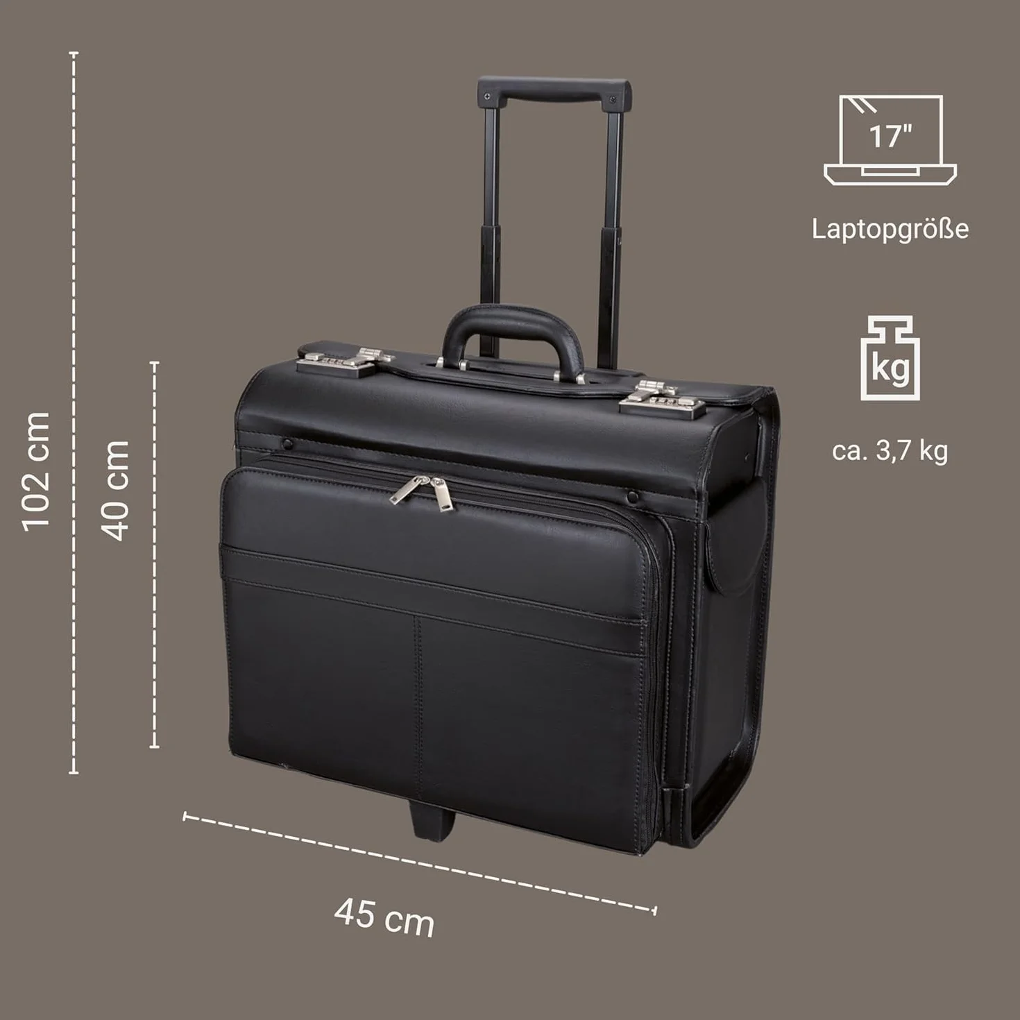 Alassio - 45030 SAN REMO - walizka na kółkach, sztuczna skóra, czarna, Czarny, 45 cm (L) x 25.99 cm (W) x 40 cm (H), Etui pilota