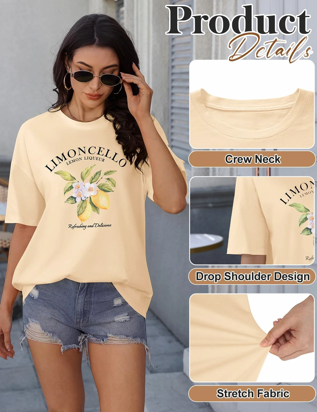 HEEKPEK Damskie koszulki oversize letnie topy bawełna codzienna koszulka z nadrukiem cytryny damskie koszulki z krótkim rękawem plus size okrągły dekolt graficzne workowate koszulki bluzka