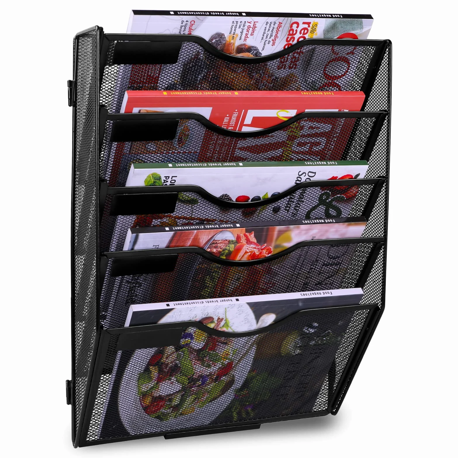 TQVAI Wiszący organizer na dokumenty, montowany na ścianie uchwyt na dokumenty magazynowe, biurowy stojak do przechowywania papieru, 5-poziomowy (czarny siatkowy)