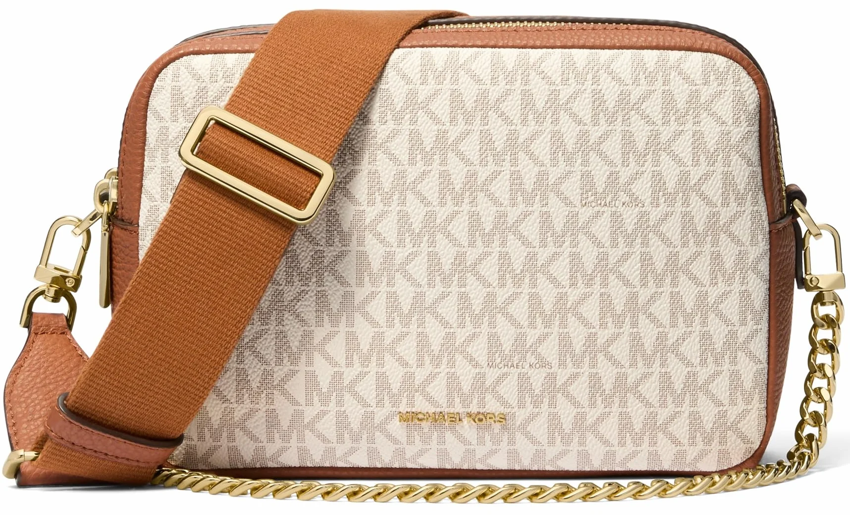 Michael Kors Damska torba crossbody na aparat Bryant, średnia, podwójny zamek błyskawiczny, jeden rozmiar, Wanilia/Acrn, Rozmiar Uniwersalny
