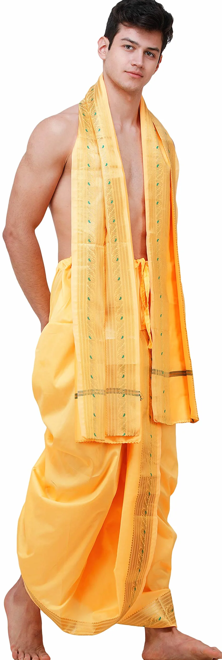 Exotic India Gotowy do noszenia zestaw Dhoti i Angavastram z tkaną złotą bordiurą Meenakari, Cyninia, Jeden rozmiar
