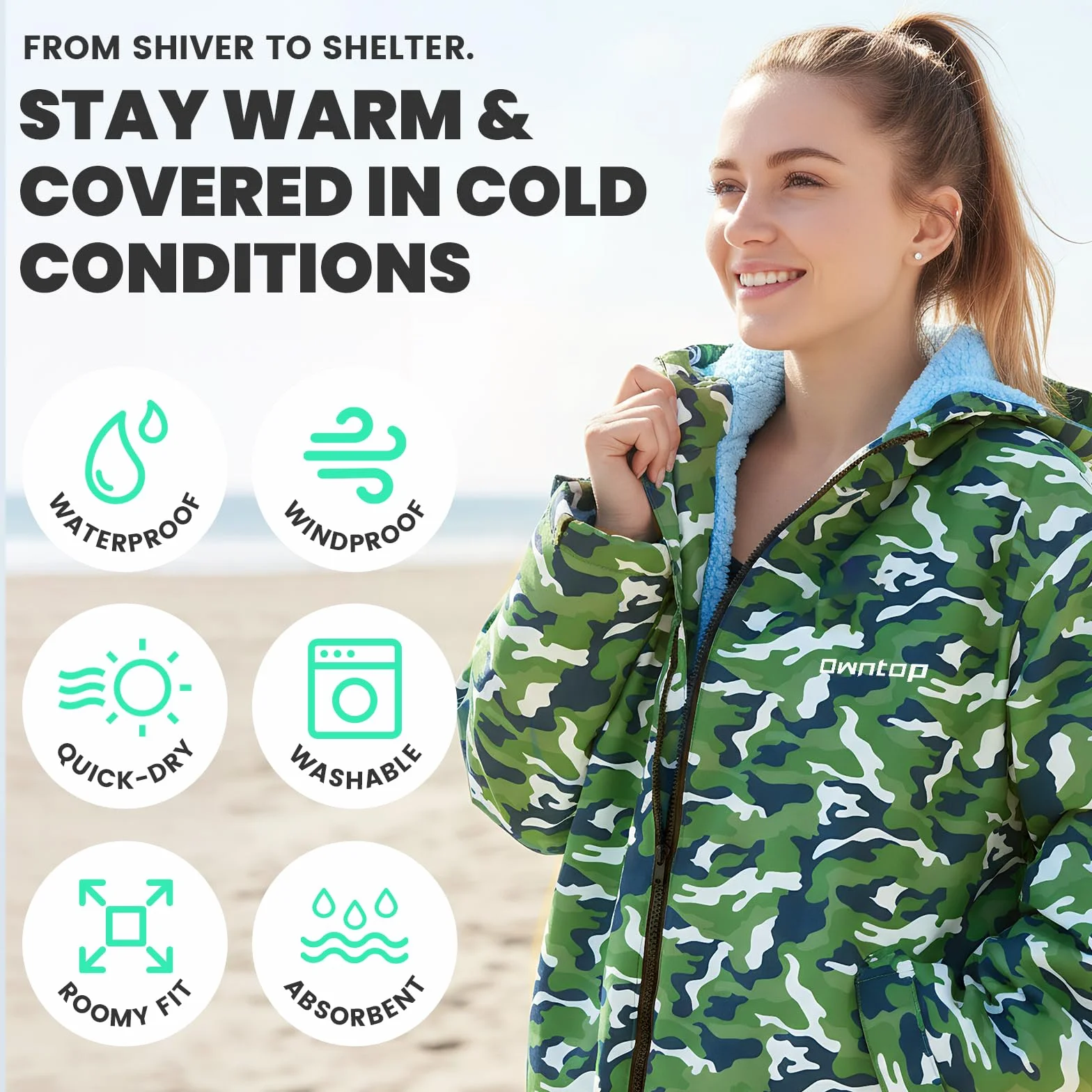 Owntop Parka do pływania dla dzieci i dorosłych, wodoodporna i podszewka sherpa, naszywka na ramię z rzepem, ponadwymiarowe, ponczo surfingowe z kapturem, szlafrok