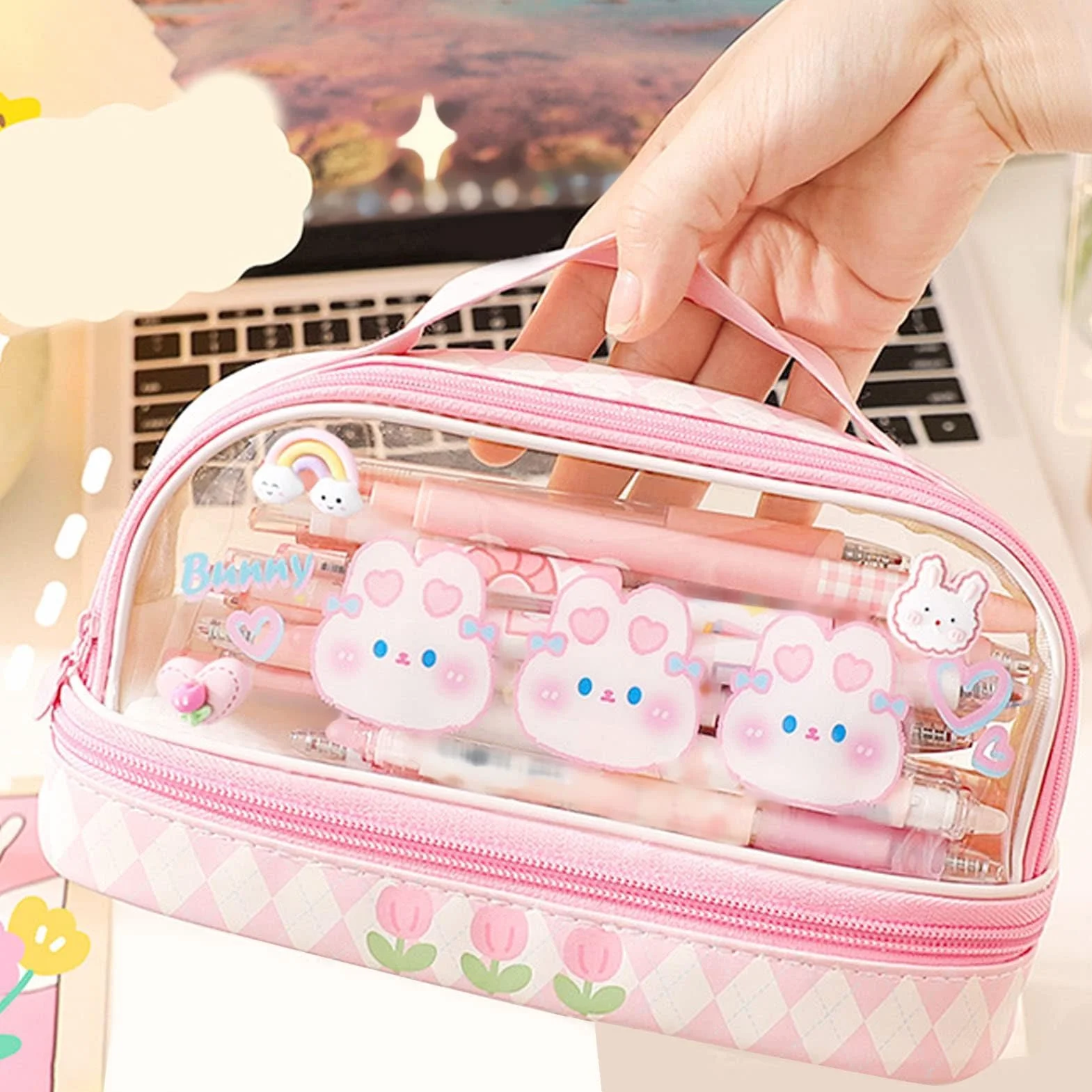 Piórnik z królikiem, uroczy, duża pojemność, różowy, Kawaii, dla dziewcząt, dzieci, nastolatków