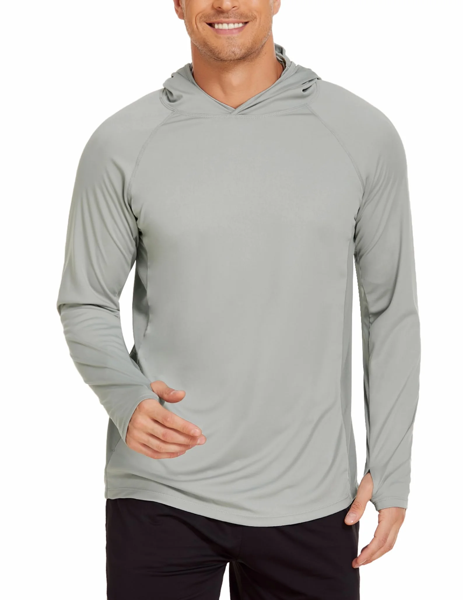 PINSPARK Męska koszulka sportowa UV UPF 50+ ochrona przed słońcem UV koszulka z długim rękawem bluza z kapturem z otworem na kciuk, Rashguard, oddychająca, surfing, wędkowanie, wędrówki