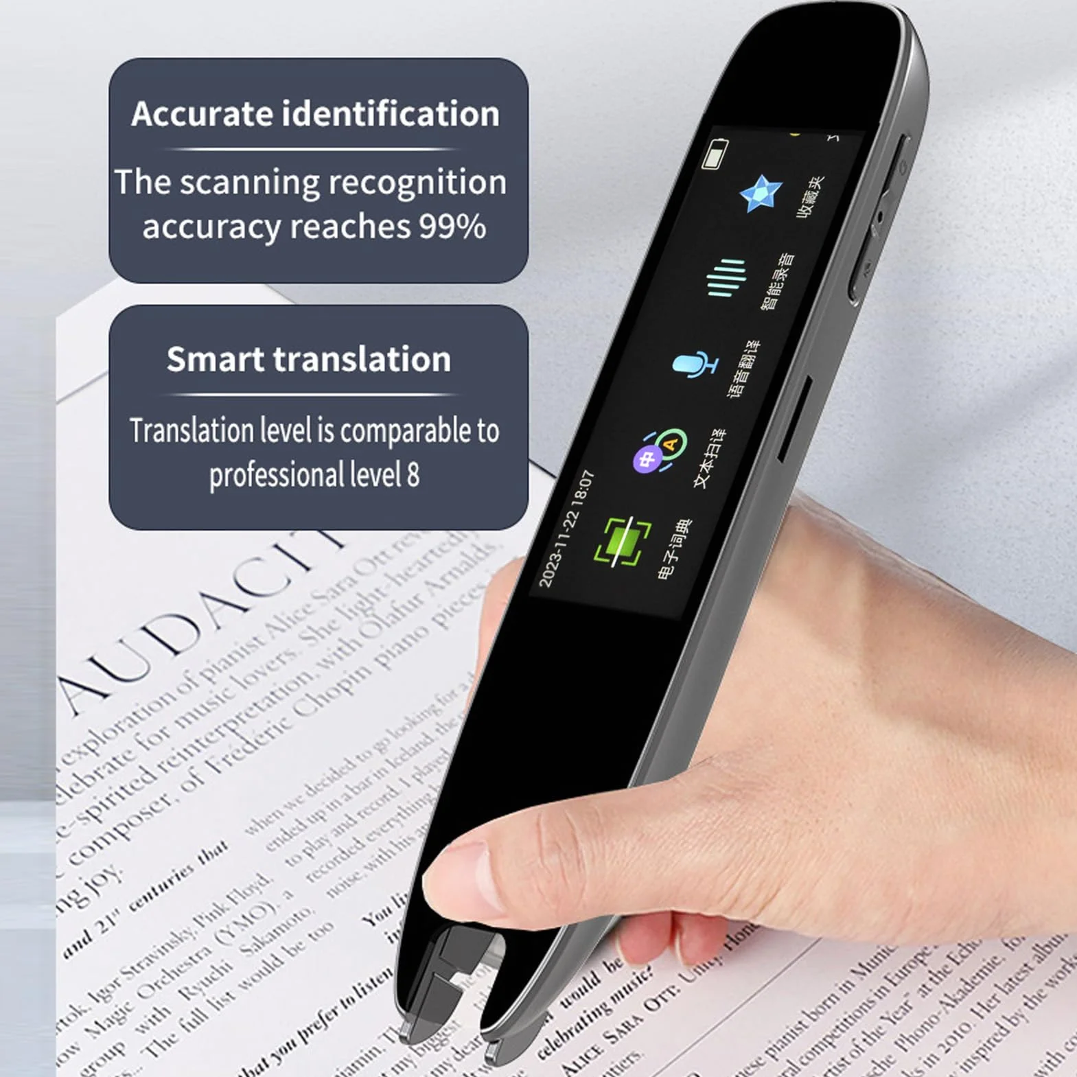 Pióro Słownikowe Smart Scan, Skaner tłumaczeń, Czytnik Pióra, Cyfrowe Urządzenie do Zamiany Tekstu na mowę OCR z Ekranem Dotykowym, Wbudowane Dwa Mikrofony, Pióro do Tłumaczenia