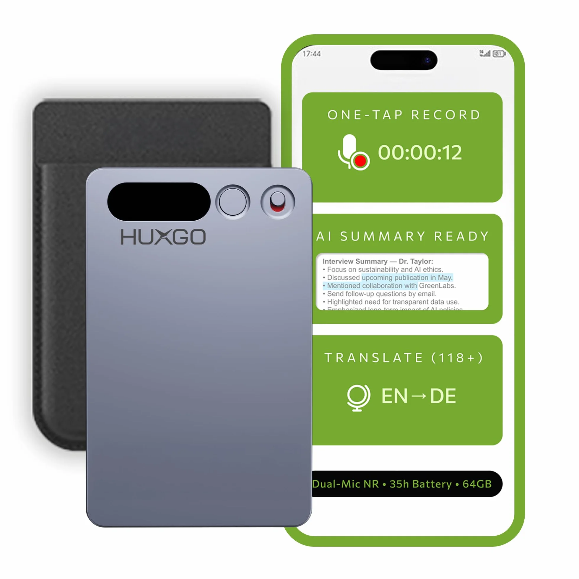 Dyktafon Cyfrowy AI 64GB z Podwójnym Mikrofonem i Redukcją Szumów – 35 h Nagrywania, Bluetooth 5.3, Aplikacja do Transkrypcji i Tłumaczenia (118+ Języków) - HUXGO®