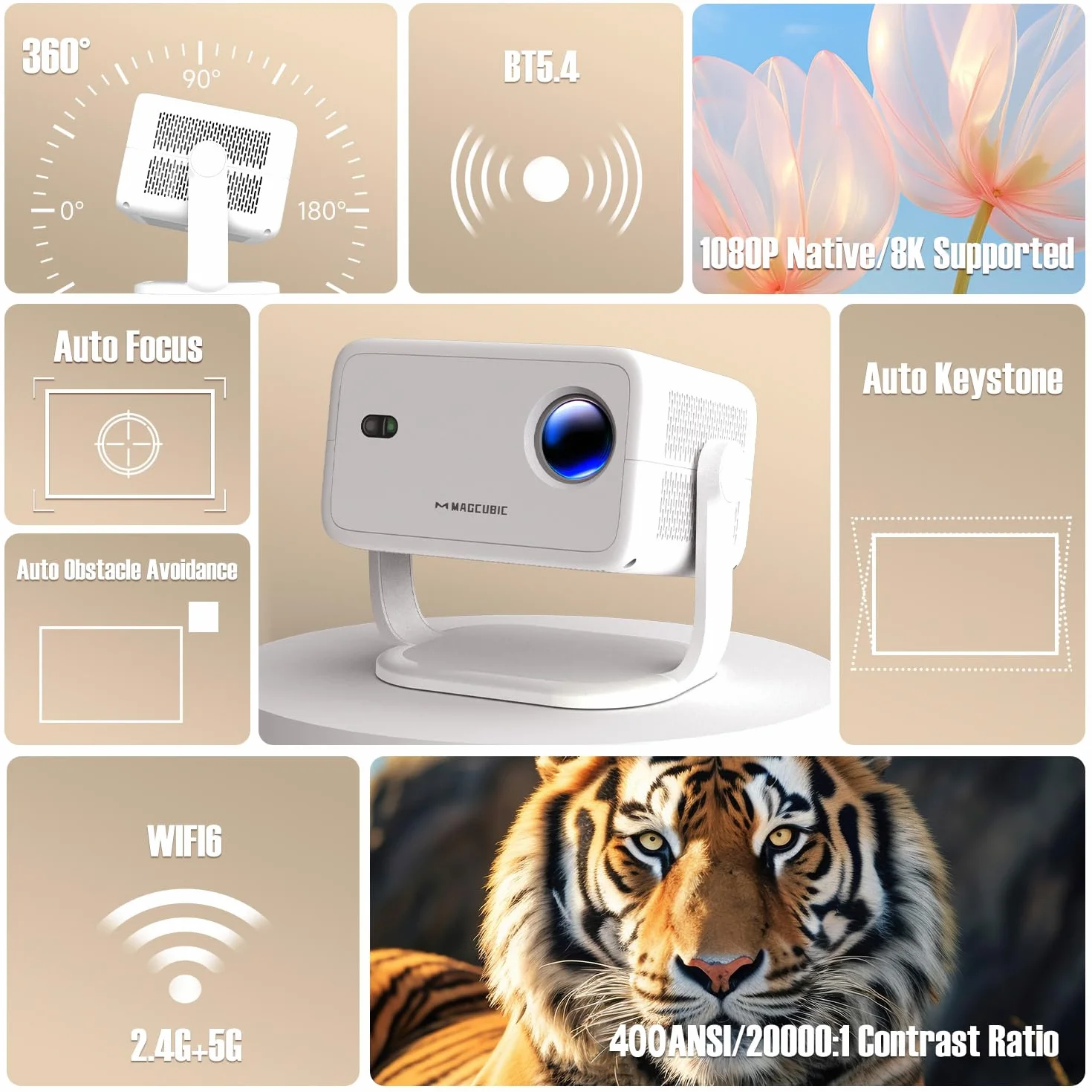 Magcubic Mini Smart Beamer 4K 1080p Supported, przenośny projektor z systemem WiFi 6 Bluetooth 5.4, autofokus HY350 max 12 W, obracany o 180°, inteligentny projektor, kino domowe (Biały)