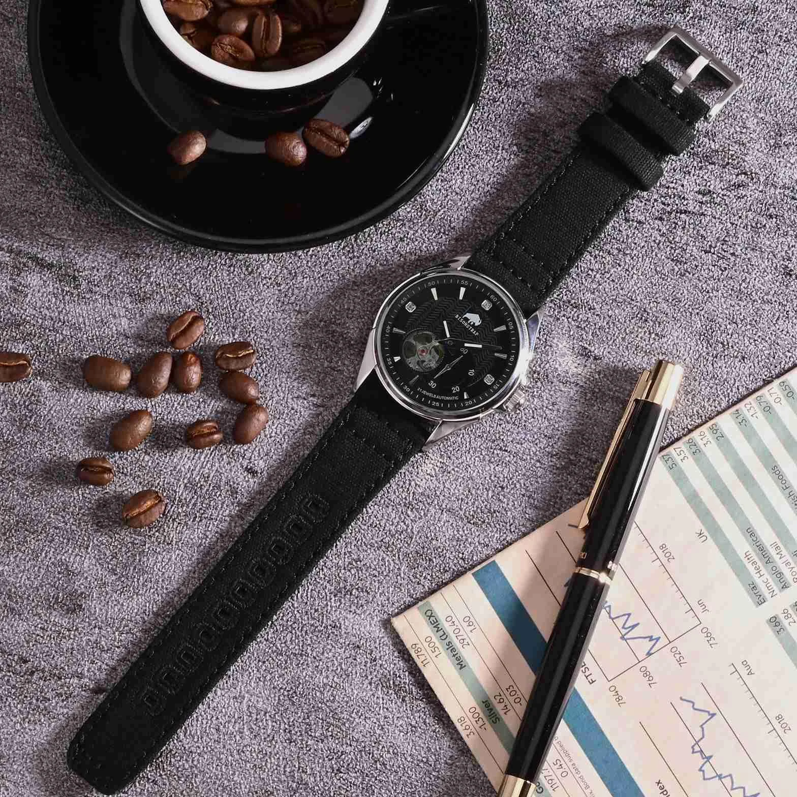 BISONSTRAP Pasek do zegarka z płótna dla kobiet i mężczyzn, szybkie zdejmowanie, szczotkowana klamra, szerokość 20 mm, 22 mm, 24 mm