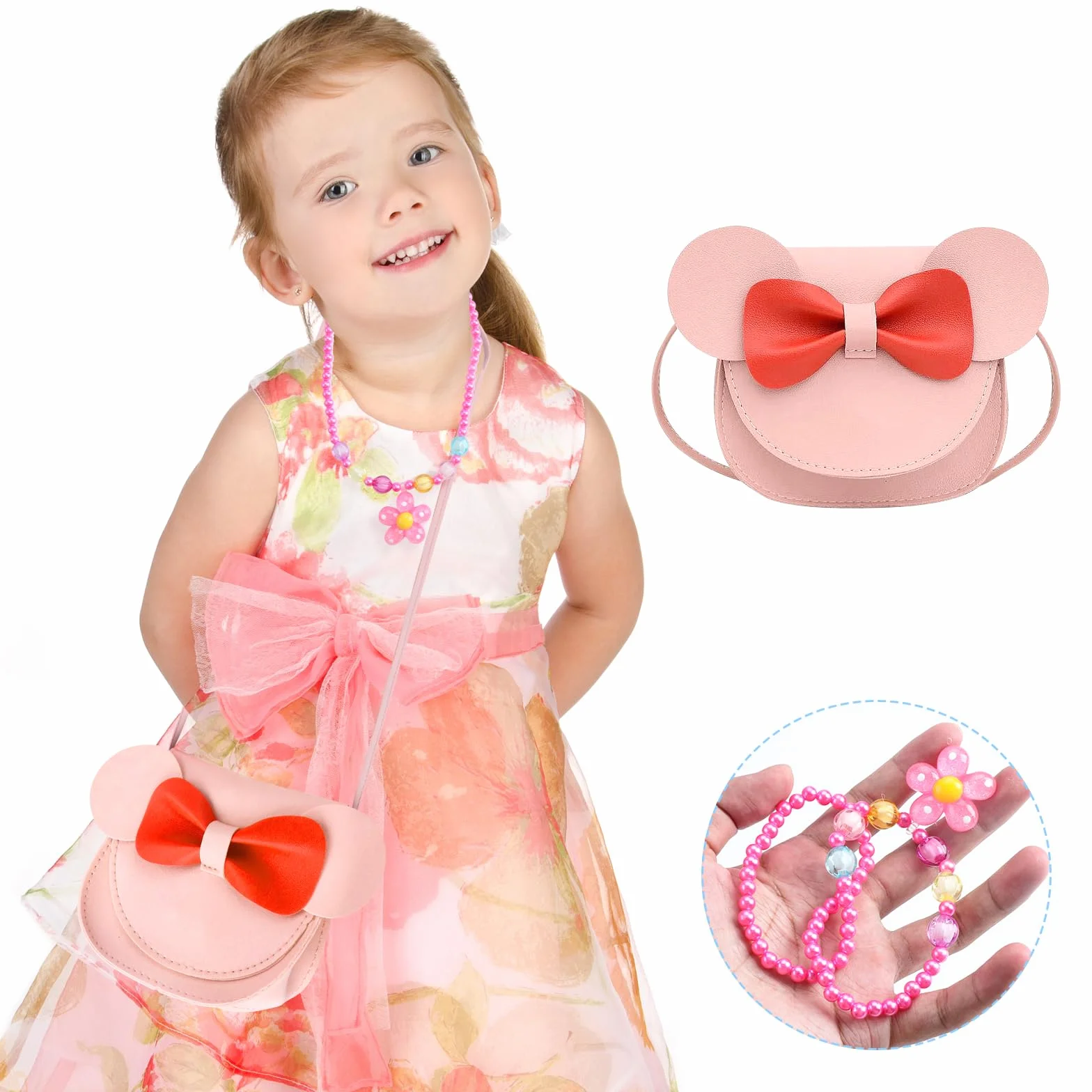 Bowknot CrossBody Bag, zestaw biżuterii dla dzieci, zestaw biżuterii dla dziewcząt, naszyjnik, bransoletka, pierścionek, kolczyki, spinka do włosów, lustro, naklejka, odgrywanie ról, prezent
