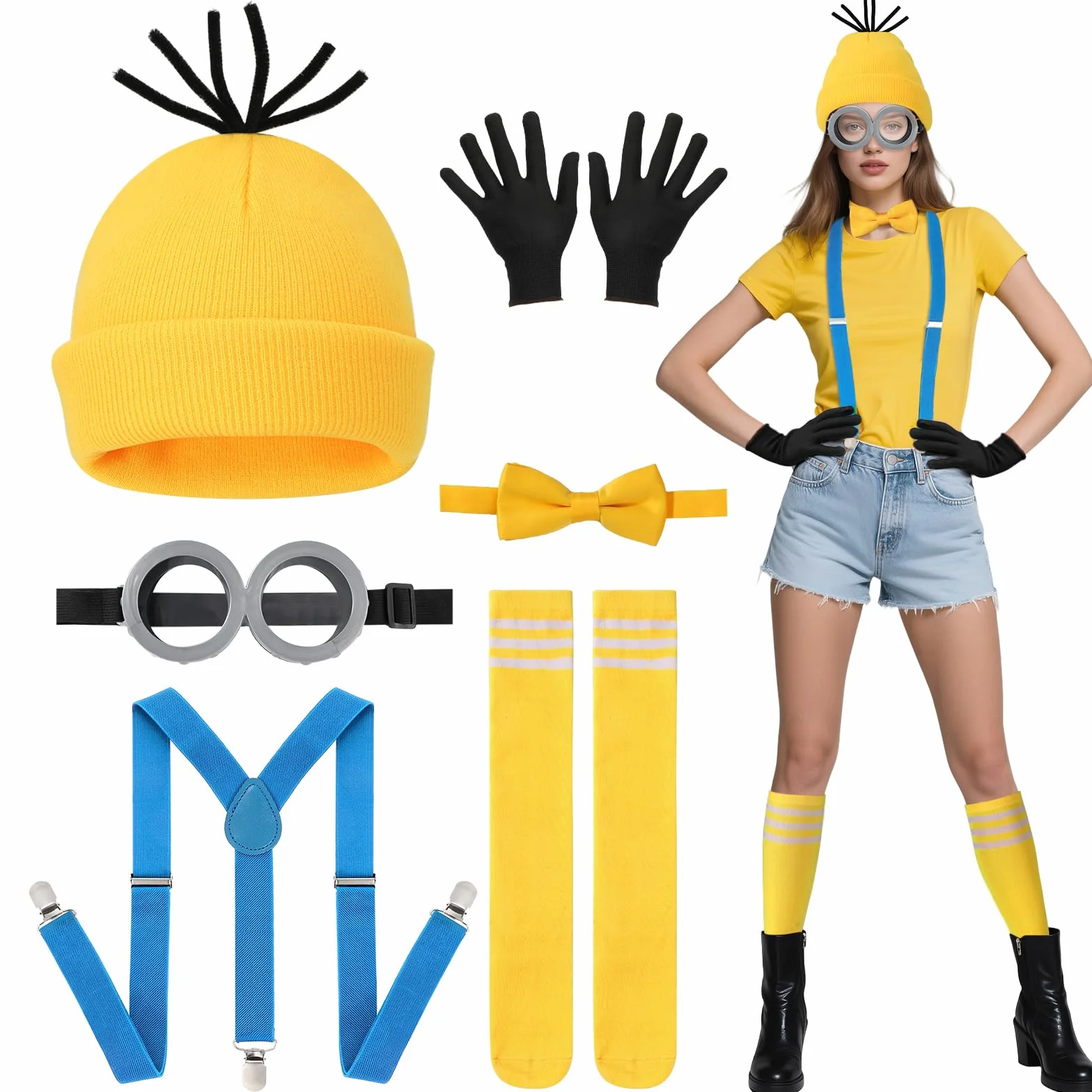 Żółte kostiumy na Halloween, akcesoria, dorośli, dzieci, duże oczy, steampunk, gogle żółte, dzianinowe czapki, czarne rękawiczki, szelki, guziki, Światowy Dzień Książki, kostiumy na Halloween