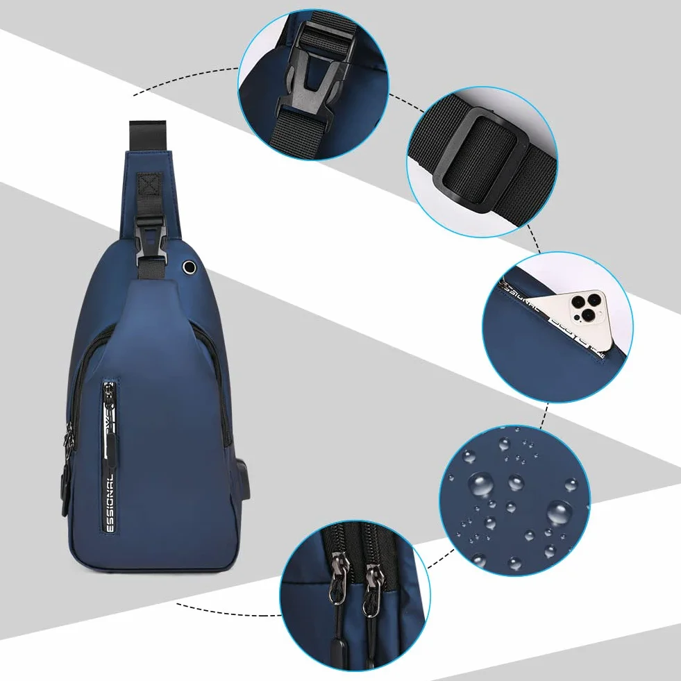 Aucuu Torba na klatkę piersiową, biznesowa torba na ramię, wodoodporna torba na ramię z portem ładowania USB, torba crossbody dla mężczyzn, na podróż, wędrówki, sport, jazdę na rowerze, NIEBIESKI