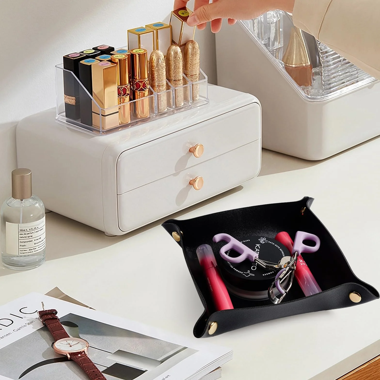 Taca skórzana, 2 sztuki pustych kieszonek ze skóry PU, praktyczne pudełko do przechowywania, sztuczna skóra, tacka na klucze, na telefon komórkowy, monety, zegarki, monety i wyposażenie