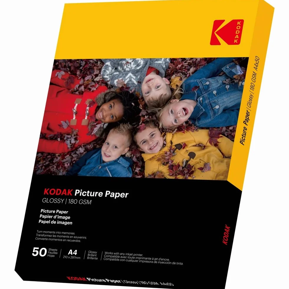 KODAK Picture Paper - Błyszczący papier fotograficzny, opakowanie 50 arkuszy, format A4 (21x29,7cm), 180g/m², idealny do wydruków atramentowych, żywych kolorów i wysokiego kontrastu, wysokiej jakości