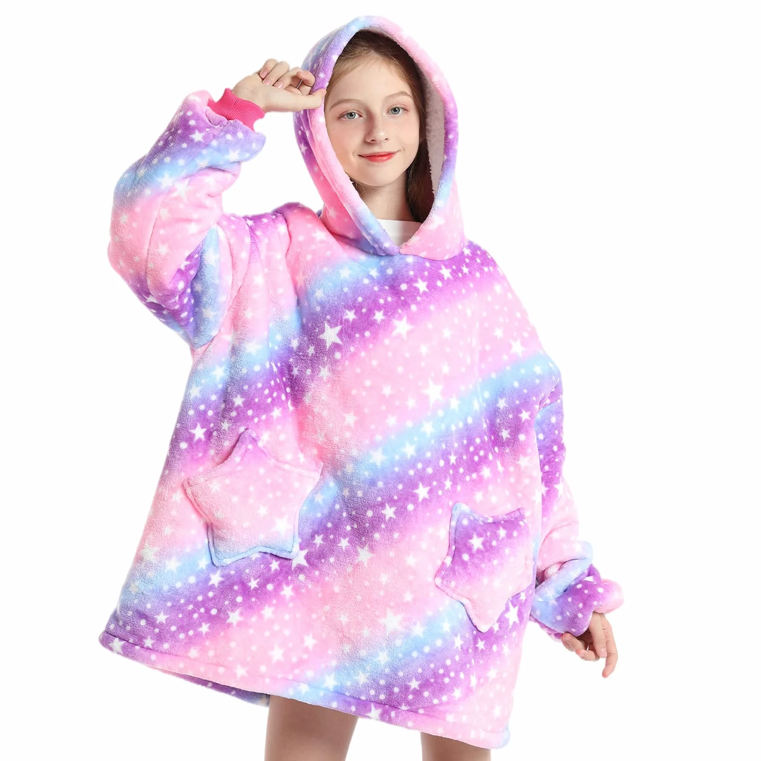 Wenlia Ponadwymiarowy koc z kapturem bluza dla dzieci, modna bluza z kapturem Sherpa nowość bluza dla dziewcząt, super ciepła flanelowa do noszenia na co dzień koc telewizyjny z kieszenią i rękawami - prezent dla córki, Fioletowy,