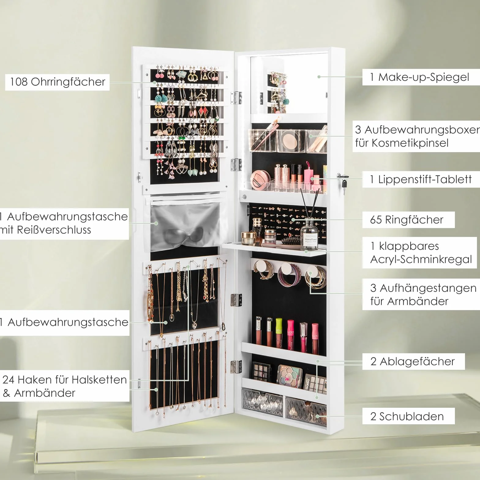 COSTWAY Szafka na biżuterię z lustrem na całe ciało, wbudowane lusterko do makijażu i 3-kolorowe diody LED, szafka z lustrem na pierścionki, haczyki na łańcuszki, kolczyki, montaż na ścianie